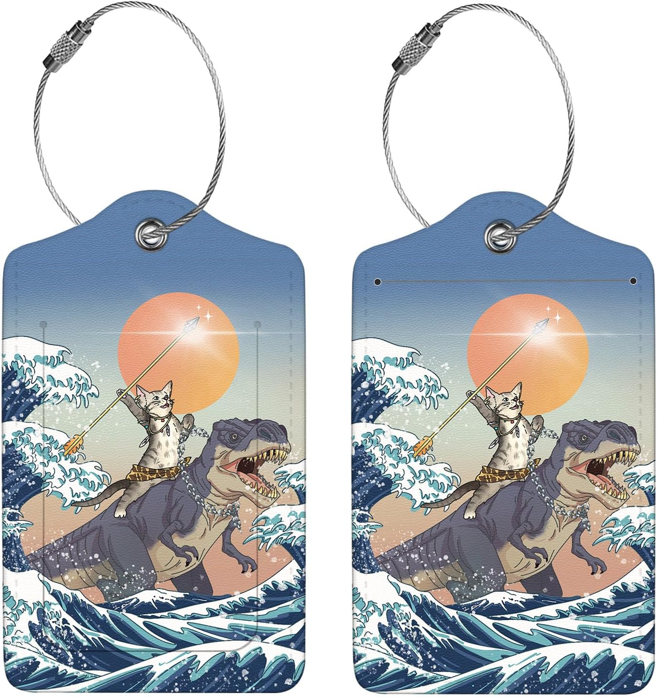 2 Pcs Luggage Tags for Suitcase, Cute Unique PU Leather Travel Bag Tag with Privacy Cover ID Label Address Card and Durable Metal Ring Suitable for Men Women Children Backpack,Cat Riding Dinosaur