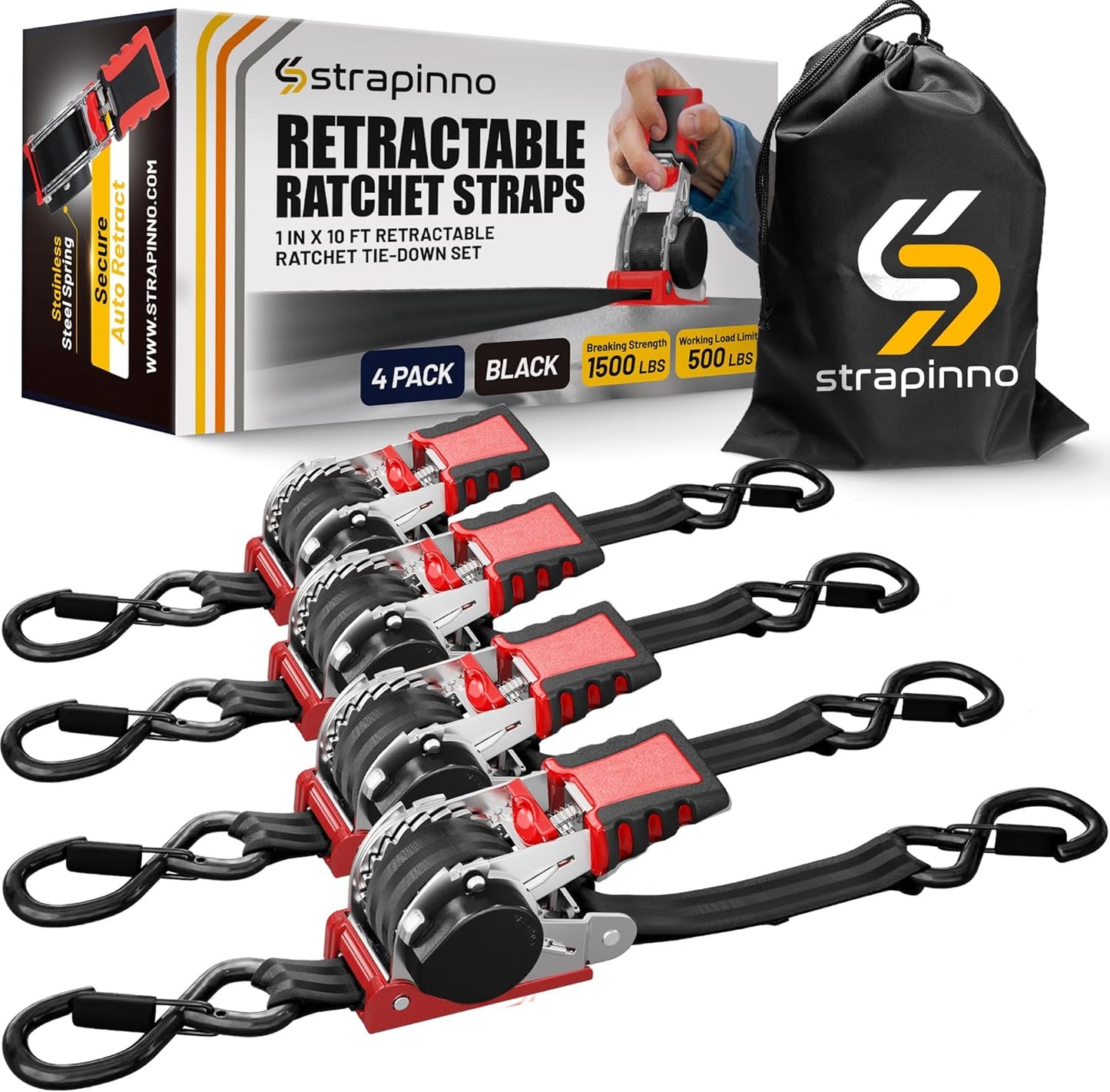 Strapinno Retractable Ratchet Straps 1 in x 10 ft, Secure Tie-Downs with Rubber-Coated Steel