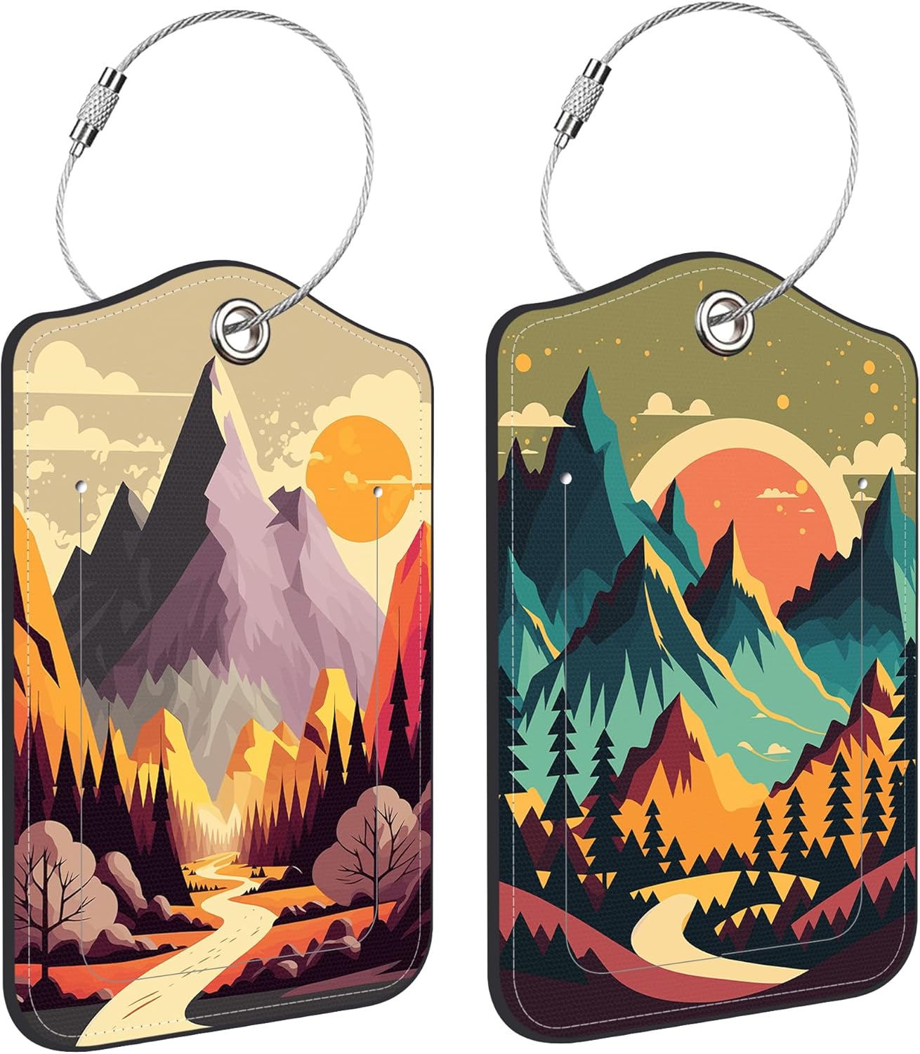 2 Pack PU Luggage Tags for Suitcase, Mountain Lake Landscape Suitcase Tag Leather Privacy Cover ID Label with Stainless Steel Loop for Baggage Handbag School Bag Backpack