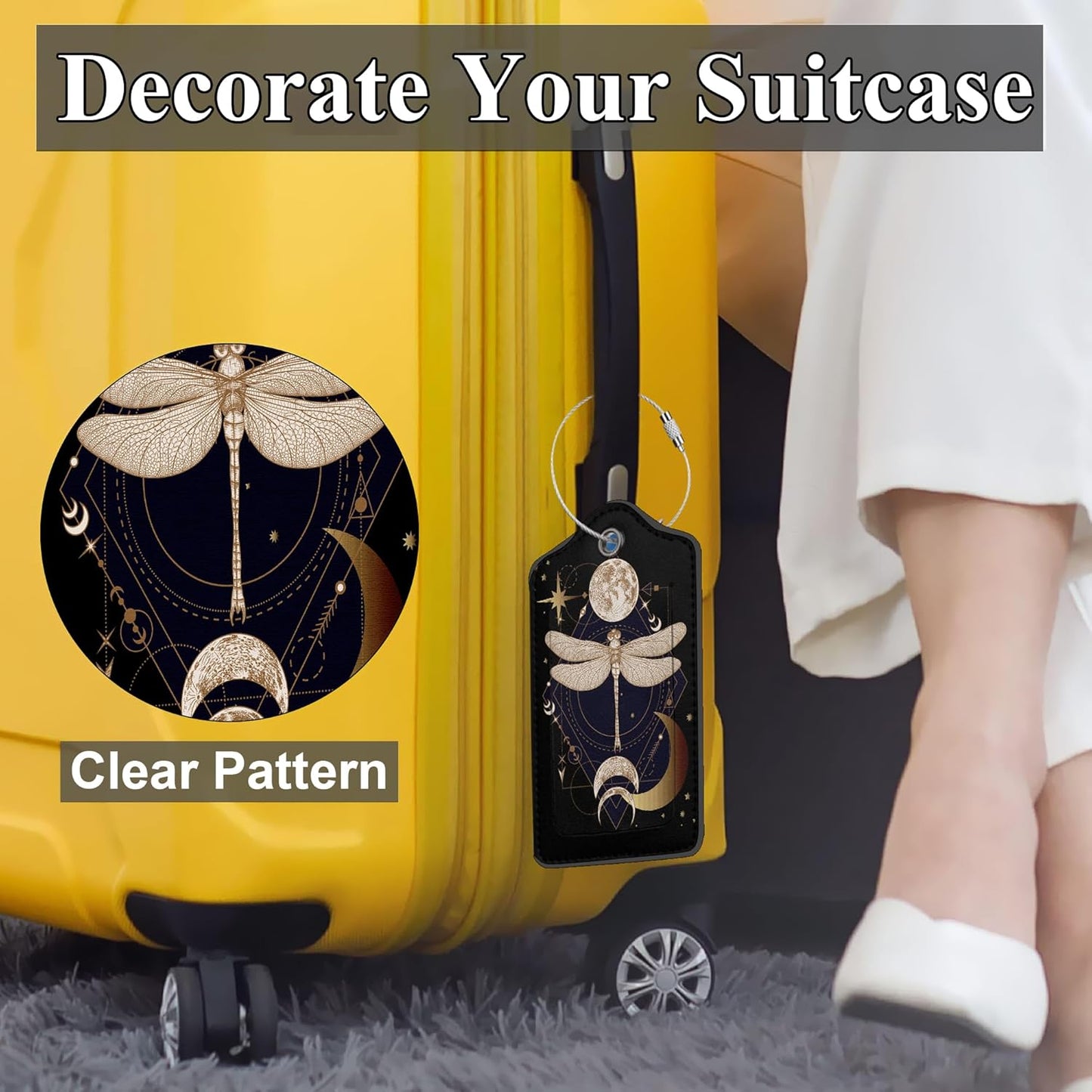 Geometric Magical Dragonflies, Moon, Stars PU Leather Luggage Tags for Suitcase, Travel 2 Pack with Privacy Flap, Name ID Label and Metal Loop for Women Men Girls Baggage Bag Backpack