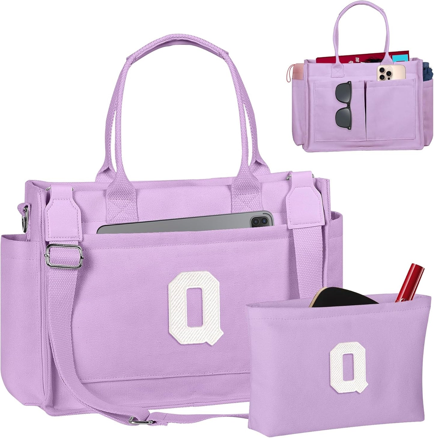 Gifts for Women Teen Girls, Initial Tote Bag with Zipper, Letter Canvas Tote Purse for College Work Laptop Beach