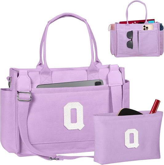 Gifts for Women Teen Girls, Initial Tote Bag with Zipper, Letter Canvas Tote Purse for College Work Laptop Beach