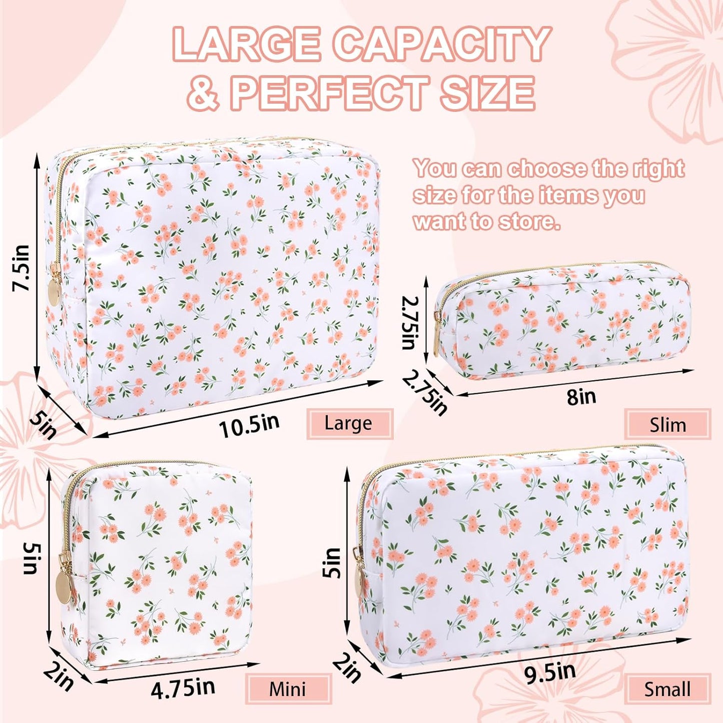 Waterproof Small Floral Pencil Case Makeup Bag for Purse,Cute Flower Pencil Pouch Preppy Nylon Makeup Brush Holder with Zipper,Girls Portable Storage Case Small Pen Bag for Work(Slim White-Flowers)