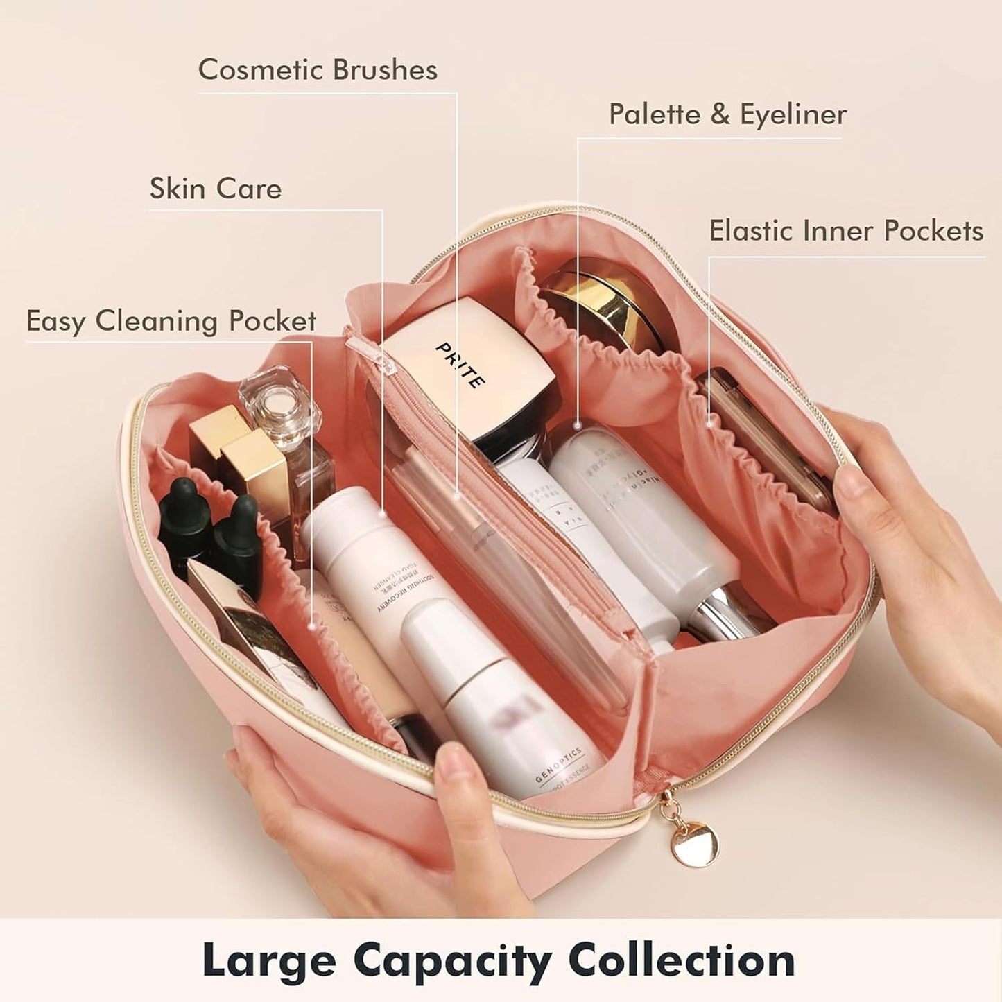 Prite Makeup Bag for Women Travel Waterproof Vegan Leather Cosmetic Bag Open Flat Toiletry Bag With