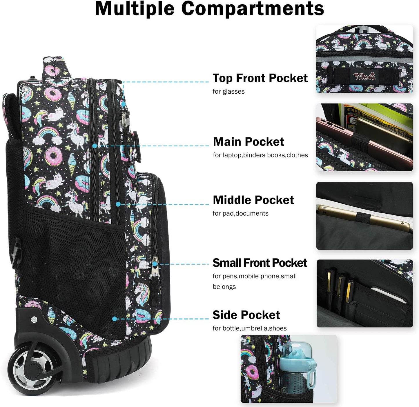 Tilami Rolling Backpack 18 inch Wheeled Backpack School College Student Travel Trip Boys and Girls