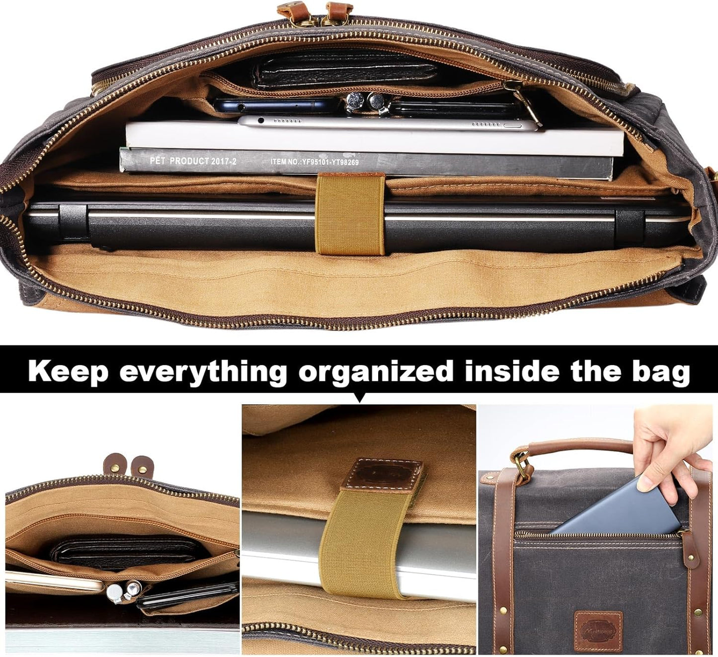 Manificent Laptop Messenger bag for Mens 15.6 Inch, Waterproof Vintage Genuine Leather Mens Briefcase shoulder bag 16 Storage Pockets, Waxed Canvas Leather Computer Business Satchel Work Bag (Gray)