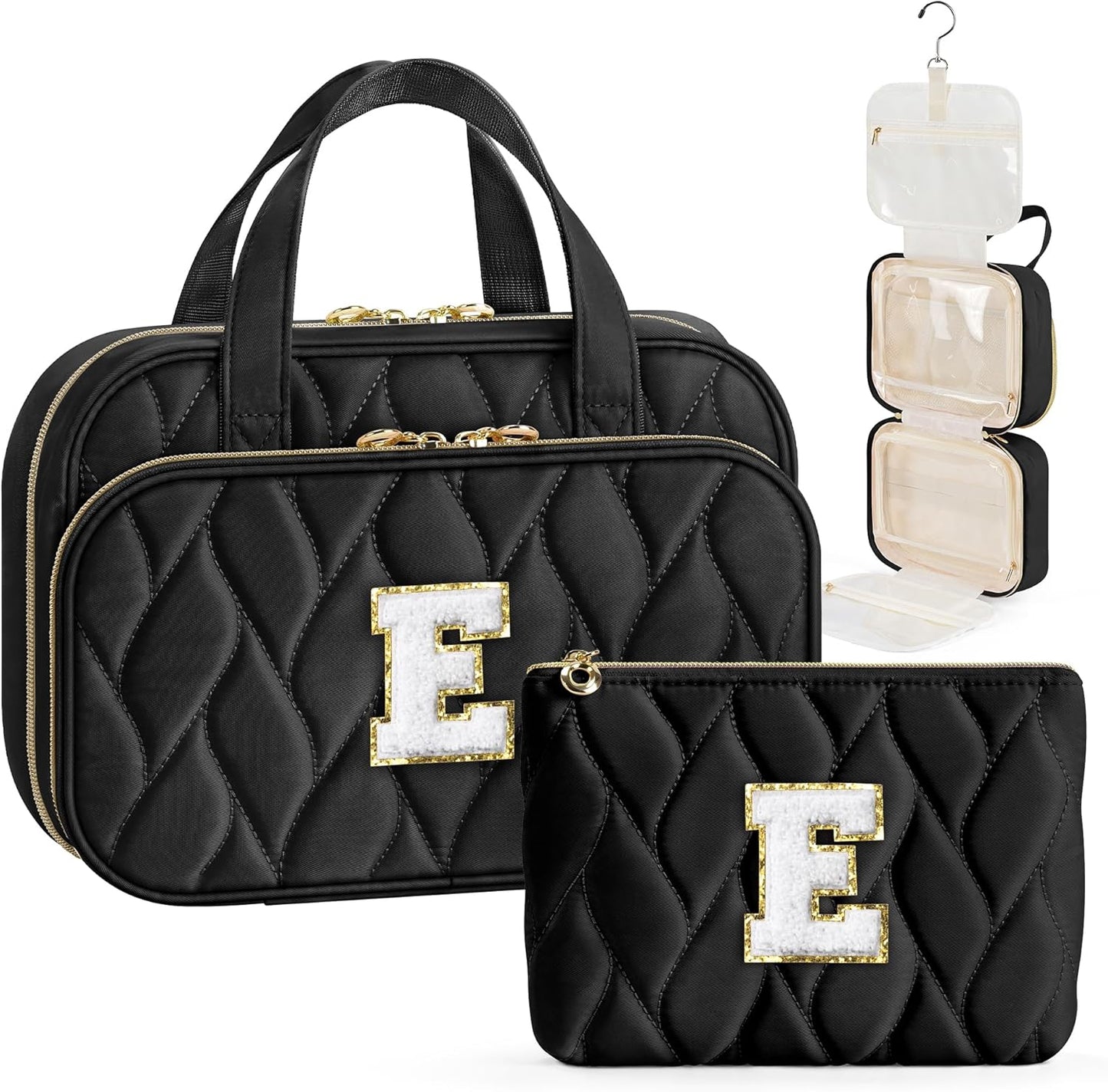 YOOLIFE Travel Toiletry Bag for Women - Hanging Toiletry Bag Initial Makeup Bag, Portable Toiletries Cosmetic Bag, Airplane Travel Essentials Black - E
