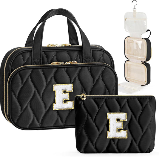 YOOLIFE Travel Toiletry Bag for Women - Hanging Toiletry Bag Initial Makeup Bag, Portable Toiletries Cosmetic Bag, Airplane Travel Essentials Black - E