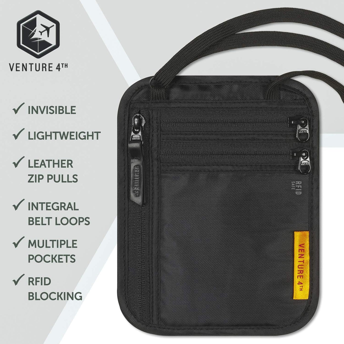 VENTURE 4TH Slim Passport Holder Neck Pouch with RFID Blocking Travel Neck Wallet and Nylon Lining (Black)