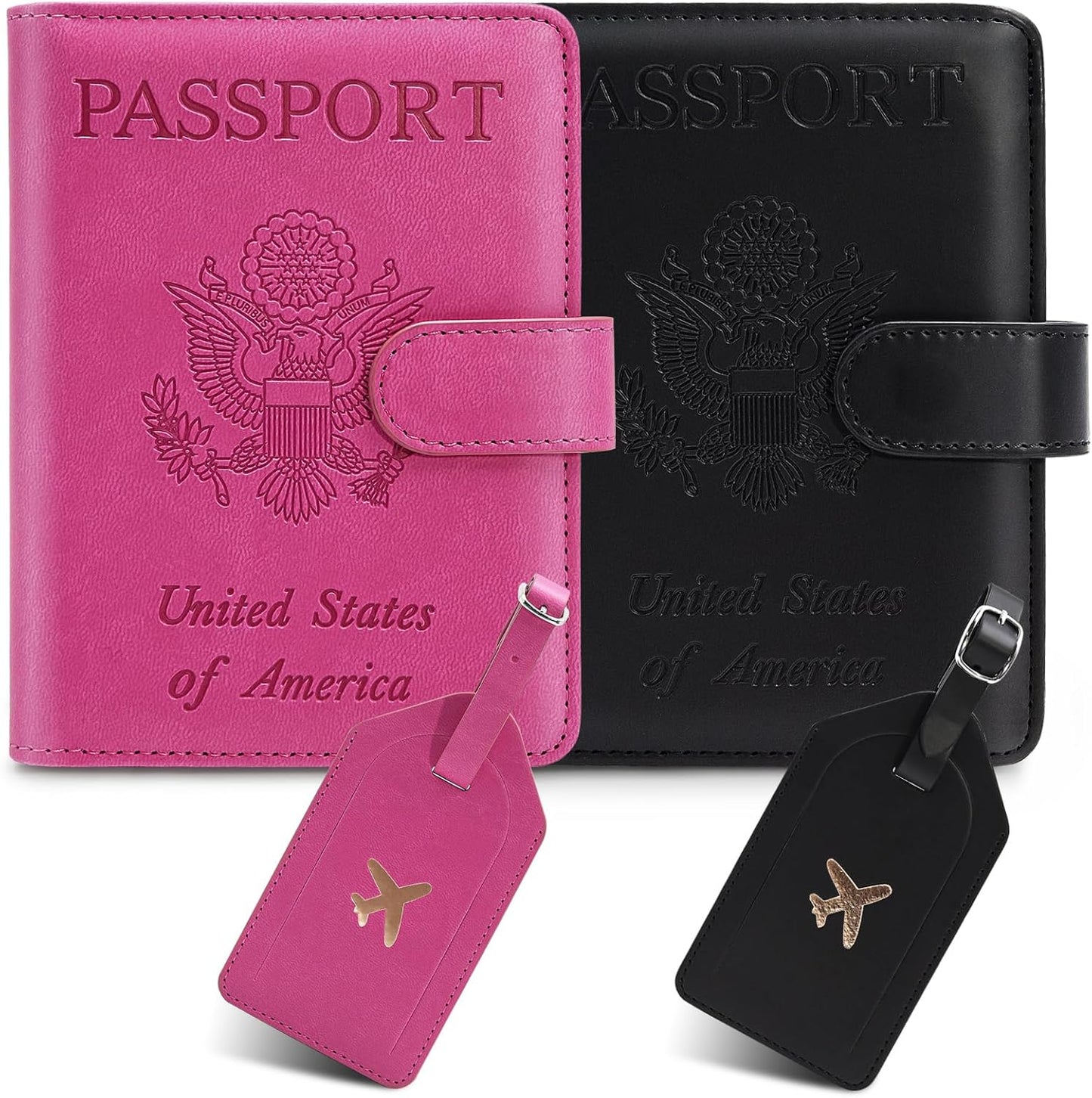 2 Pack Passport Holder for Travel with Luggage Tag Cover – RFID Blocking Passport Wallet Holder for Women & Men | PU Leather Passport Case with Money Pocket & Magnetic Clasp, Blac & Pink