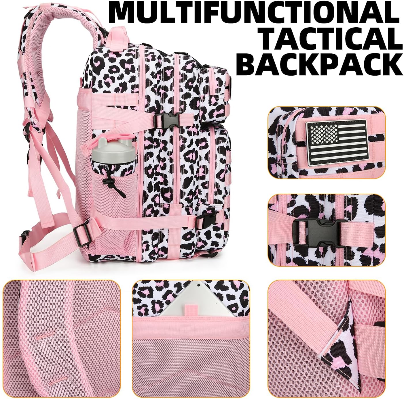 25L Tactical Backpack for Men and Women Military Backpack Army Assault Pack Molle Backpack Small Bug Out Bag Travel Rucksack Daypack (Pink Leopard)