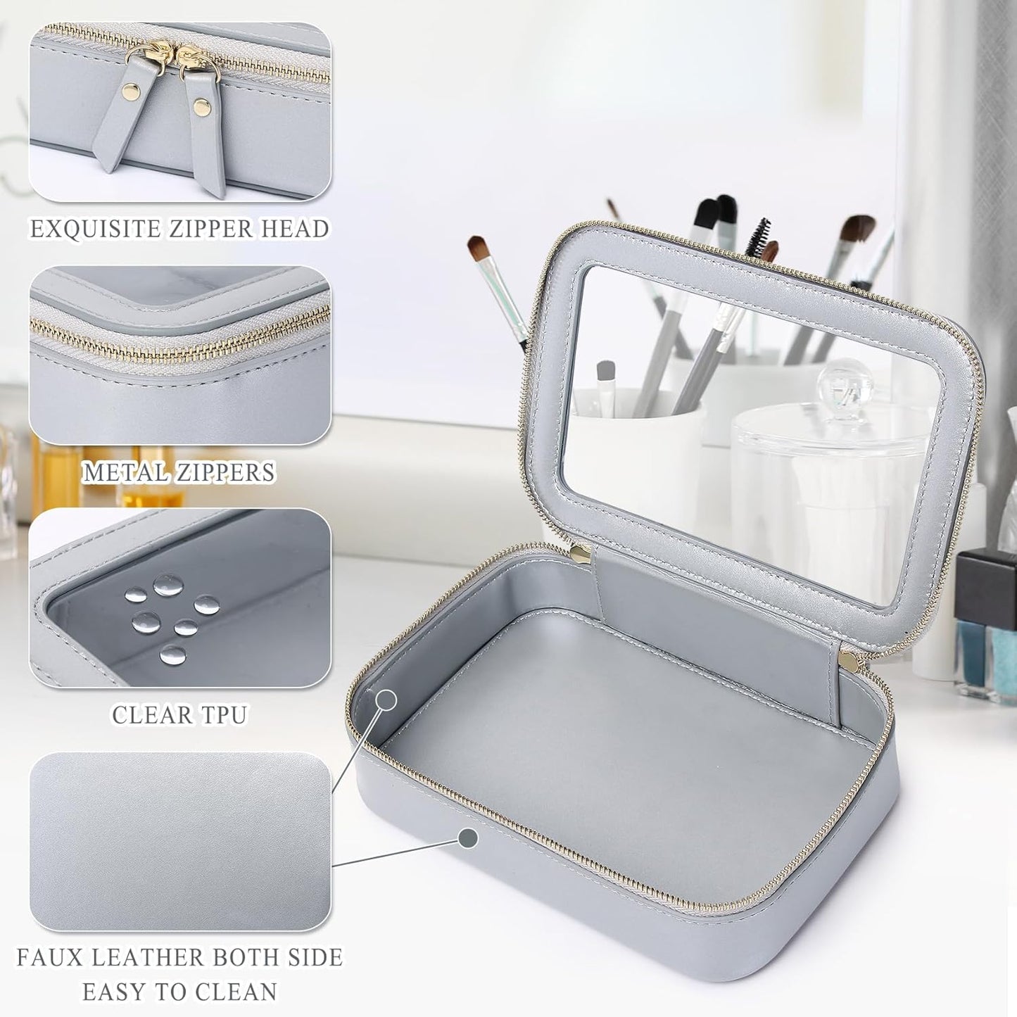 Clear Makeup Bag Small Cosmetic & Toiletry Bag Waterproof Travel Case Women's Pouch Organizer Makeup Bag for Car with Zipper Women (Gray, Small-1)