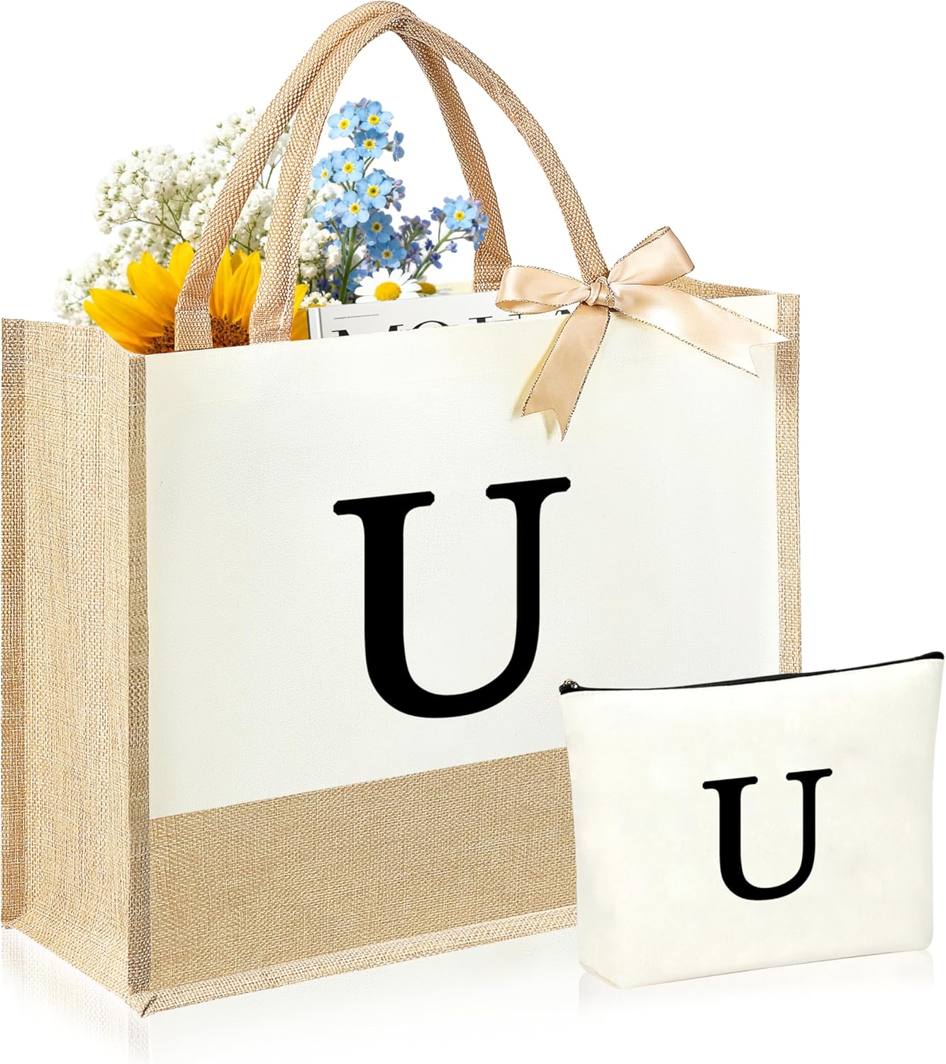 Initial Canvas Tote Bag & Makeup Bag for Women Teacher Bridesmaids，Personalized Present for Wedding, Birthday, Beach