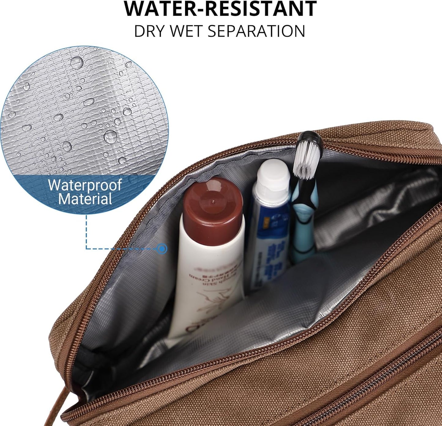 WITZMAN Canvas Toiletry Bag for Men Hanging Dopp Kit Organizer Water-resistant Travel Toiletries bag Men Bathroom Bag with Wet Pocket(A8001 Brown)