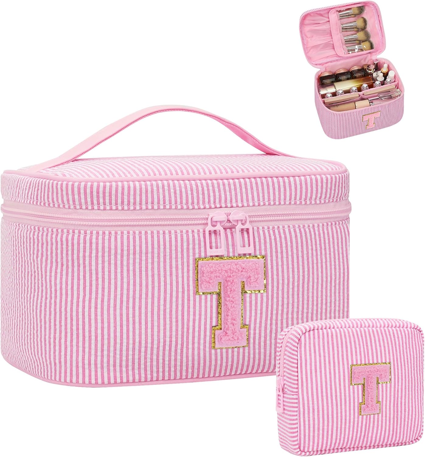 Initial Makeup Bag Cosmetic Bag Bridal Shower Gifts - Bridesmaid Bag,Bridesmaid Proposal Gifts for Wedding Day,Maid Matron of Honor Gift, Bride to be Gifts,Bachelorette Party Favors,Pink T