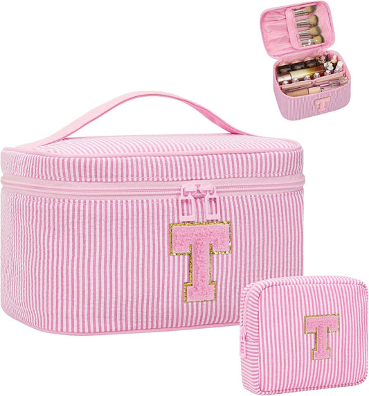 Initial Makeup Bag Cosmetic Bag Bridal Shower Gifts - Bridesmaid Bag,Bridesmaid Proposal Gifts for Wedding Day,Maid Matron of Honor Gift, Bride to be Gifts,Bachelorette Party Favors,Pink T