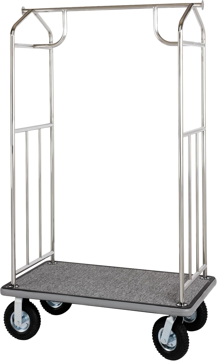 Value Valet Hotel Luggage Cart – for Commercial Use, Condos, Resorts – Stainless Steel Bellman Trolley Cart w/ 6” Air Filled Tires & Gray Carpet, 800 lb Load Capacity