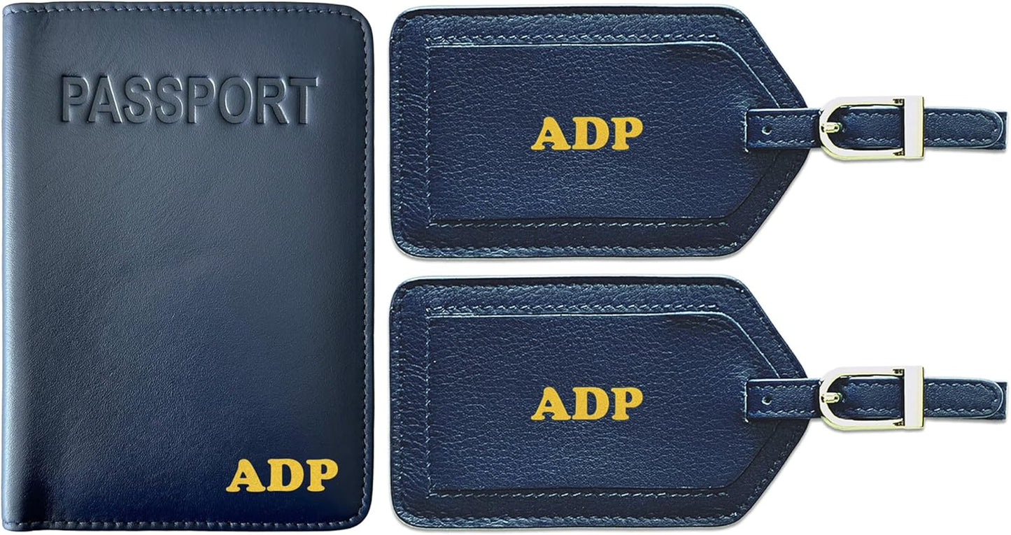 Personalized Monogrammed Navy Leather RFID Passport Cover Holder and 2 Luggage Tags