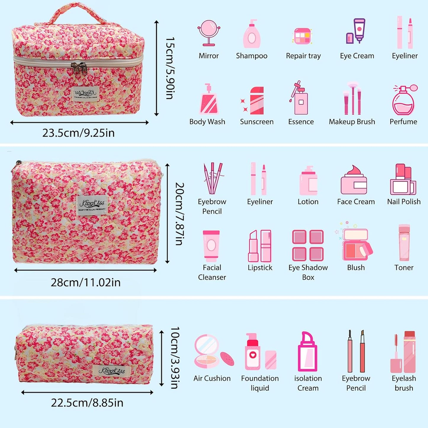 Quilted Makeup Bag, Large Capacity Travel Cosmetic Bag for Women and Girls, Aesthetic Storage for Daily and Travel Use (3pcs-Red Flowers)