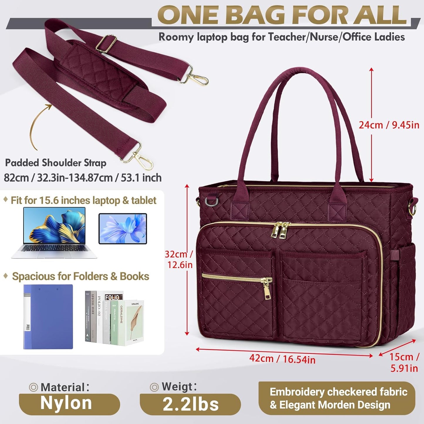 RAINSMORE Teacher Tote Bag 15.6 inch Laptop Bag for Women Work Bags Laptop Tote Nurse Bag