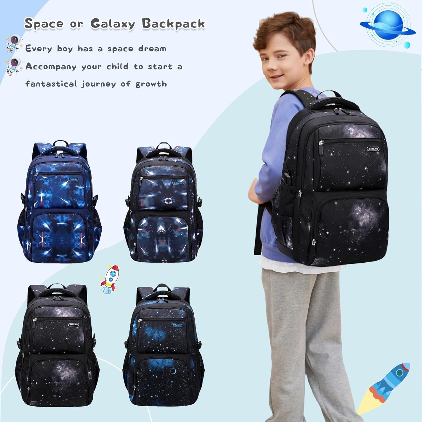 Galaxy Kids Backpacks for Boys School, Water-resistant Boys Backpacks Middle School Bags, Black-blue