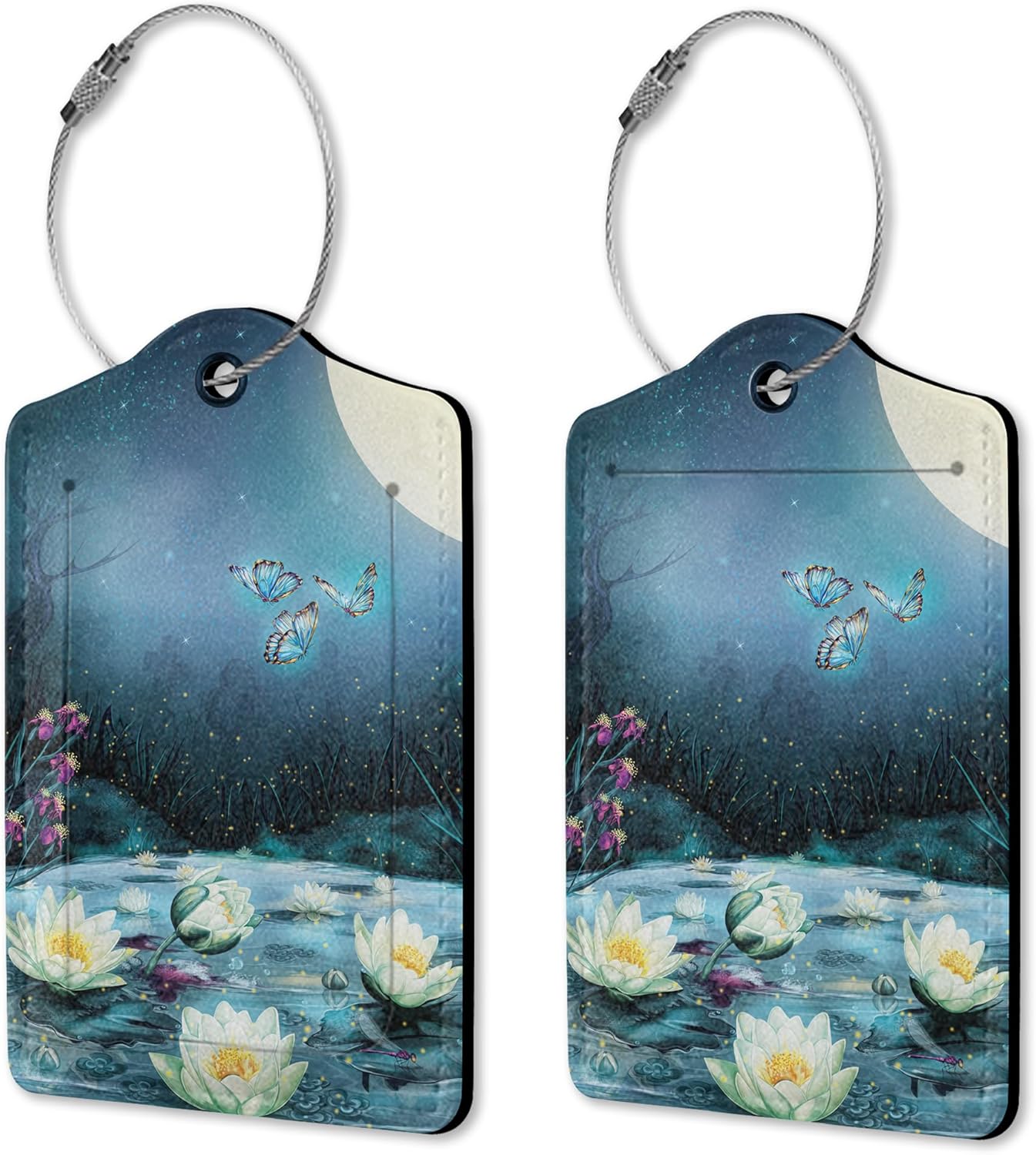 Set of 2 Luggage Tags for Suitcases, Lotus and Butterfly Luggage Tag Leather Cruise Suitcases Tag with Stainless Steel Loop Privacy Cover ID Label Travel Bag Tags Luggage Id for Women Men Travel