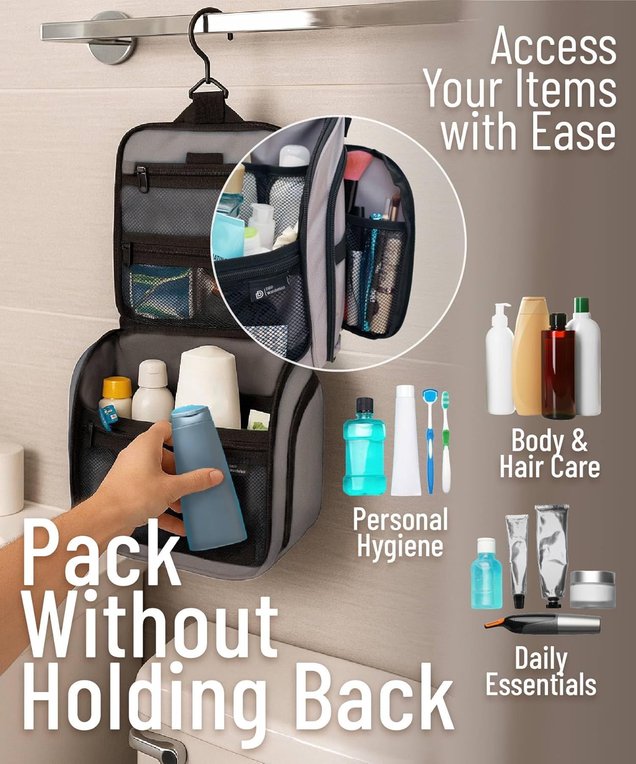 DD D&D Wanderlust D&D Hanging Travel Toiletry Bag for Men and Women – Cosmetics, Makeup and Toiletries Organizer Kit with 10 Compartments
