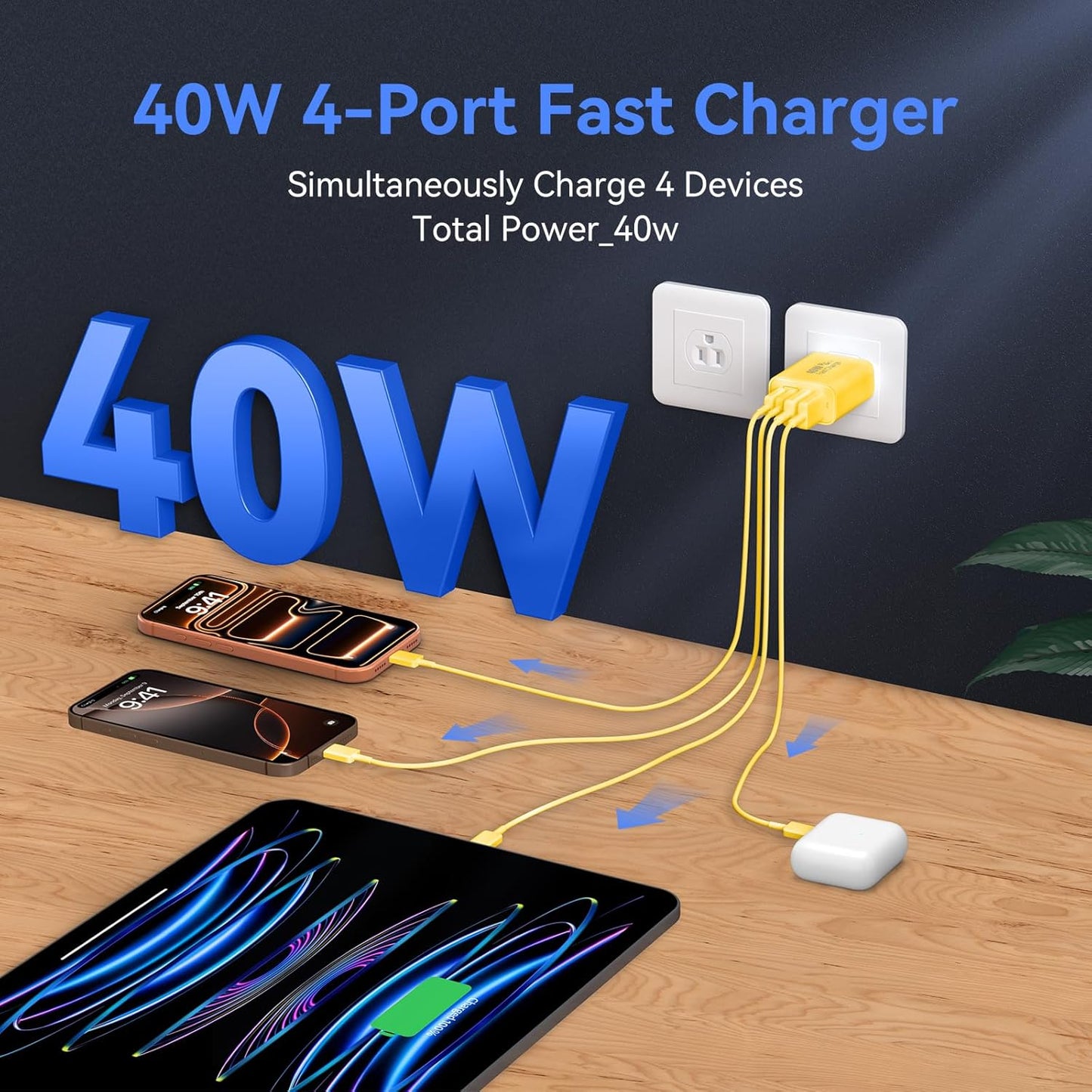USB C Wall Fast Charger Block, 40W 4-Port Type C Chargers Fast Charging Blocks PD Power Charger Adapter+QC 3.0 USB Multiport Charger Brick for Phone 17/16/15/14/13/12 Pro Max, i-Pad, Galaxy S25-2Pack