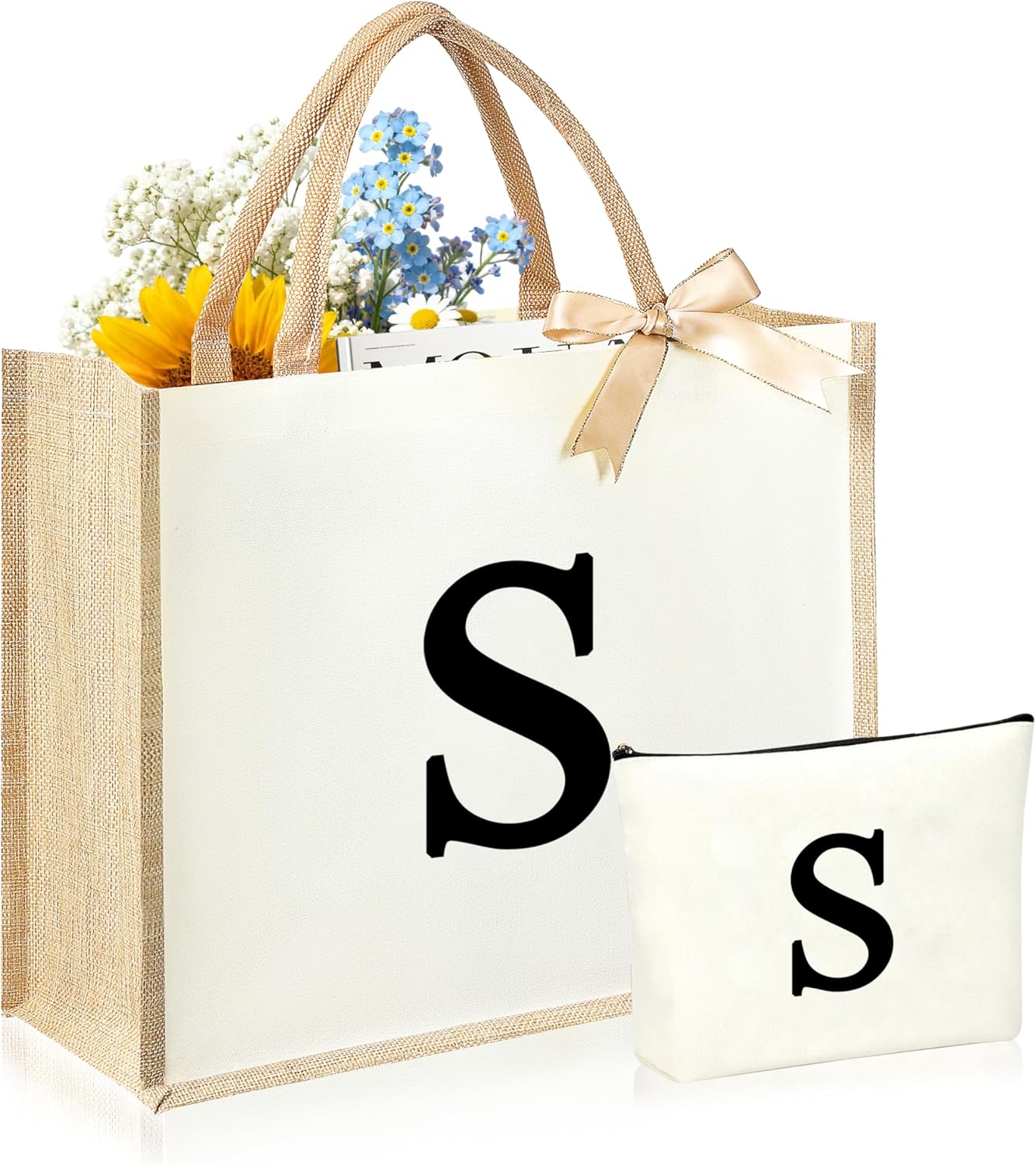 Initial Canvas Tote Bag & Makeup Bag for Women Teacher Bridesmaids，Personalized Present for Wedding, Birthday, Beach