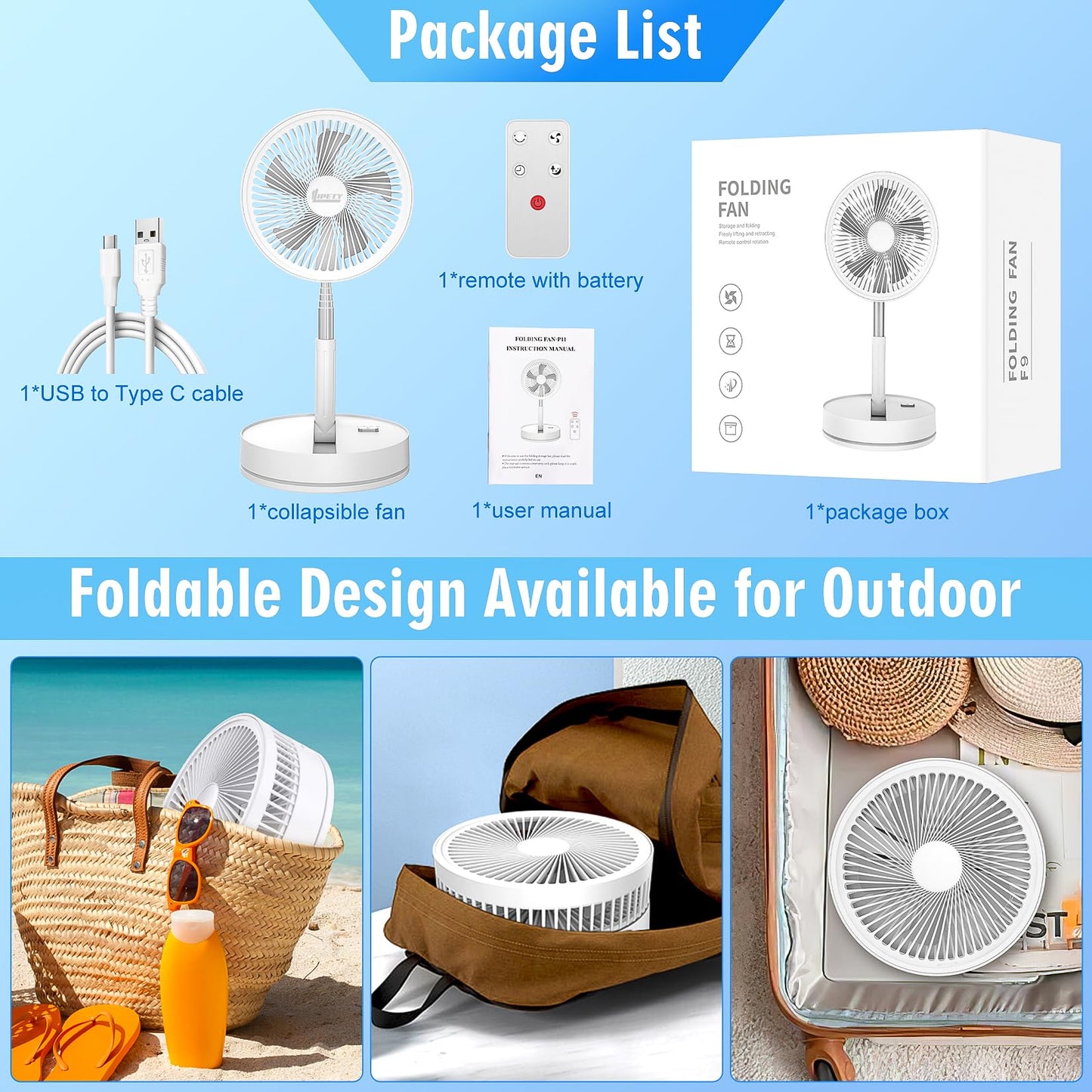 Portable Foldable Rechargeable Oscillating Fan - 8.6" 8000mah Remote Fan
