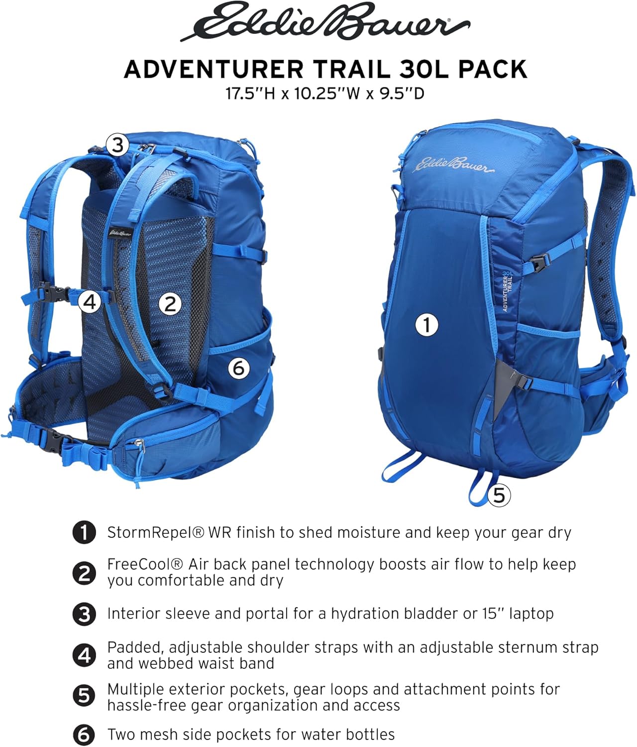 Eddie Bauer Adventurer Backpack with Organization Compartments and Hydration/Laptop Compatible Sleeve, Adventurer - True Blue, 30L