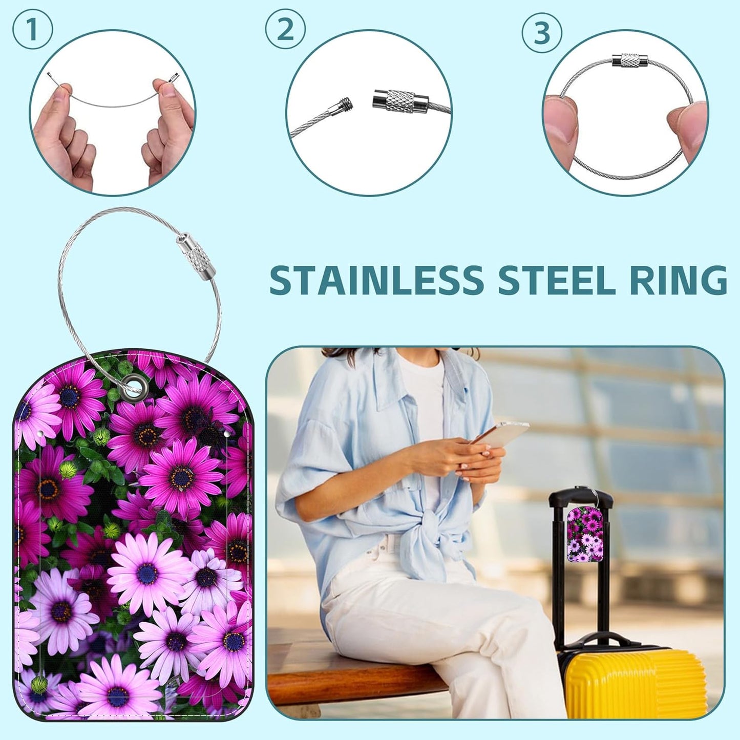2 Pack Cute Luggage Tag for Suitcases Flower Field Leather Luggage Tags with Stainless Steel Loop Privacy Flap Name Tags,Men and Women Travel Bag Suitcase Tags