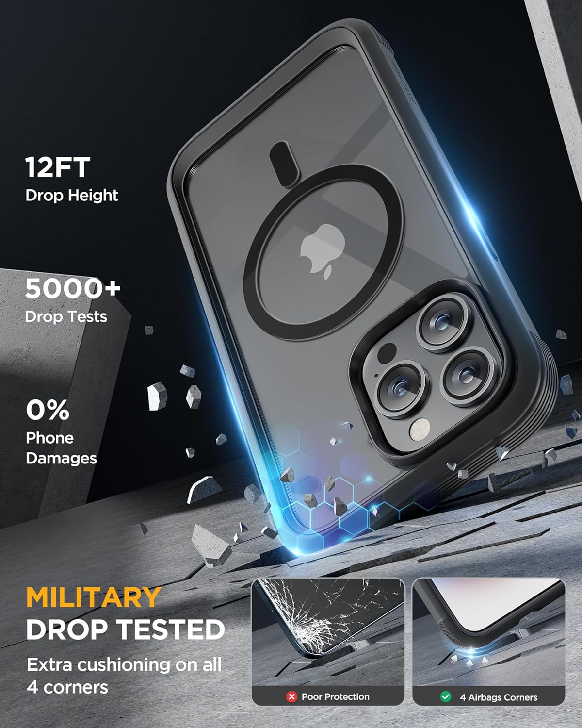 Miracase Magnetic for iPhone 15 Pro Case Full-Body Phone Case with Built-in Glass Screen Protector & Camera Protector, [Compatible with MagSafe] Military Drop Proof 15 Pro Cover Bumper 6.1 inch, Black