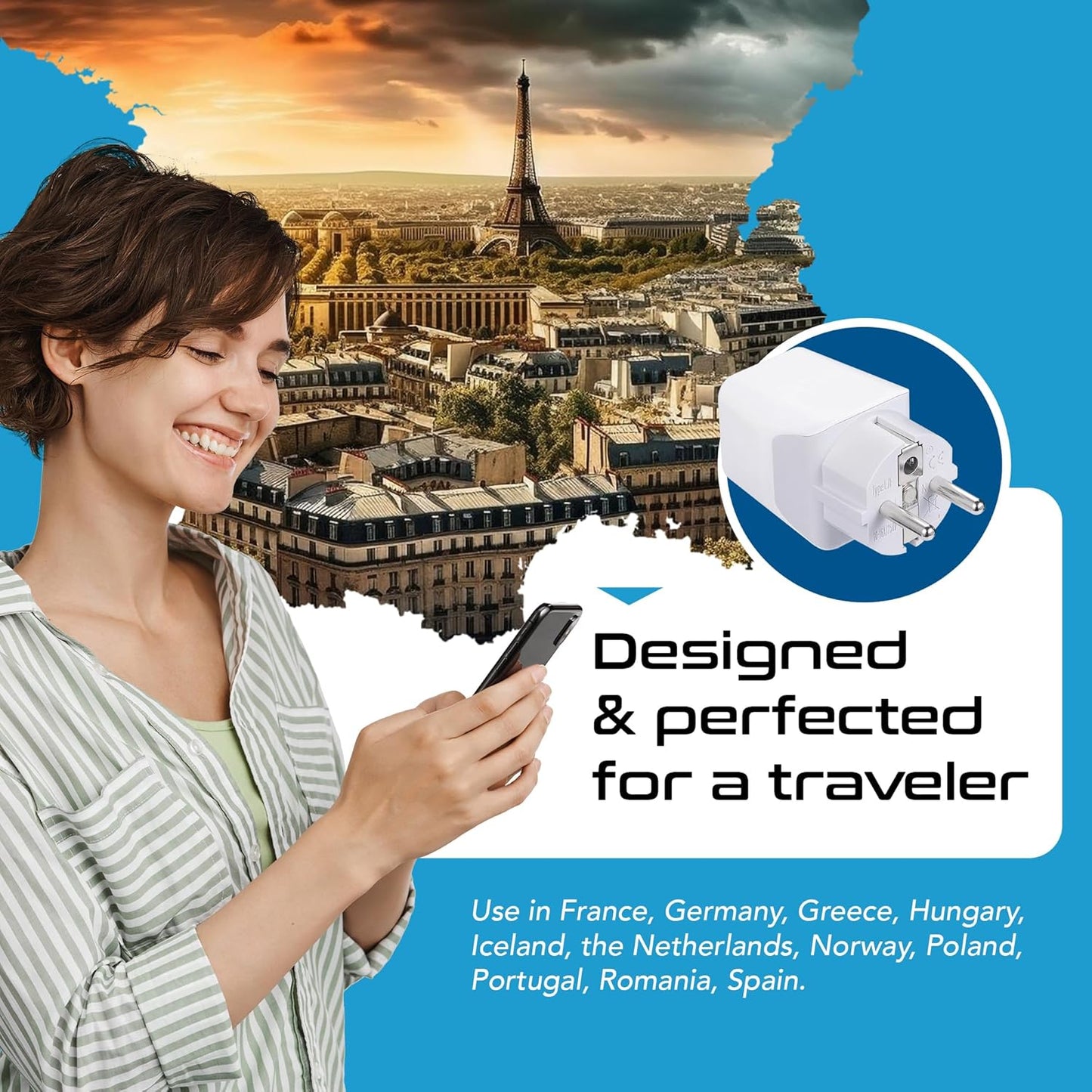Ceptics Schuko, Germany, France, Spain Travel Adapter Plug with Dual USB - Usa Input Type E/F