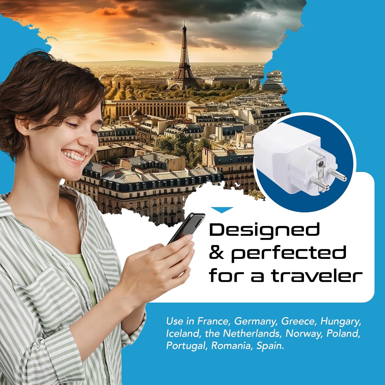 Ceptics Schuko, Germany, France, Spain Travel Adapter Plug with Dual USB - Usa Input Type E/F