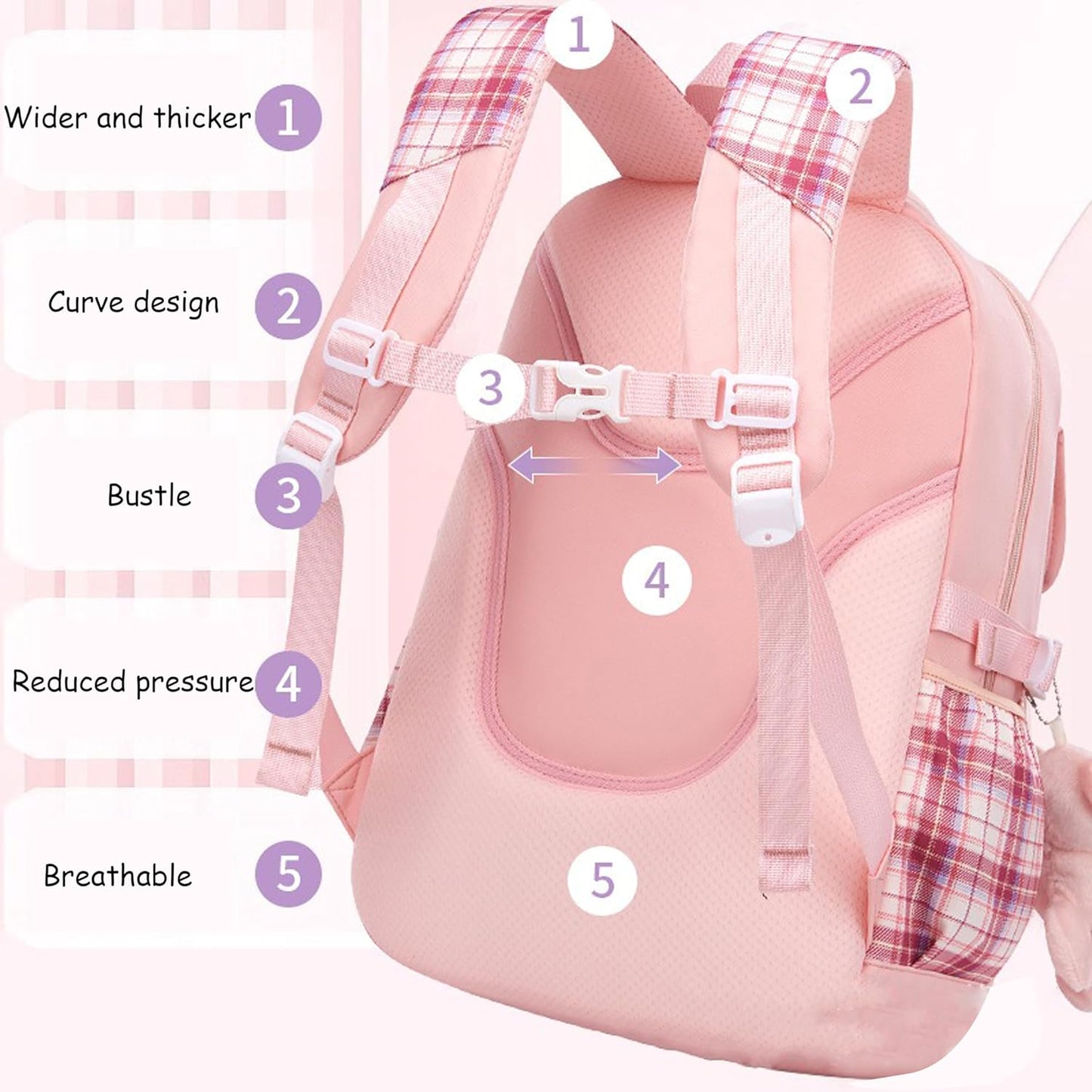 5Pcs Pink Backpack for School Girls - Kids Schoolbag for Elementary School Kawaii Bookbag for Cute Plaid Girls Daypacks for Students Teen Kids Casual Travel Bag (Pink Plaid)