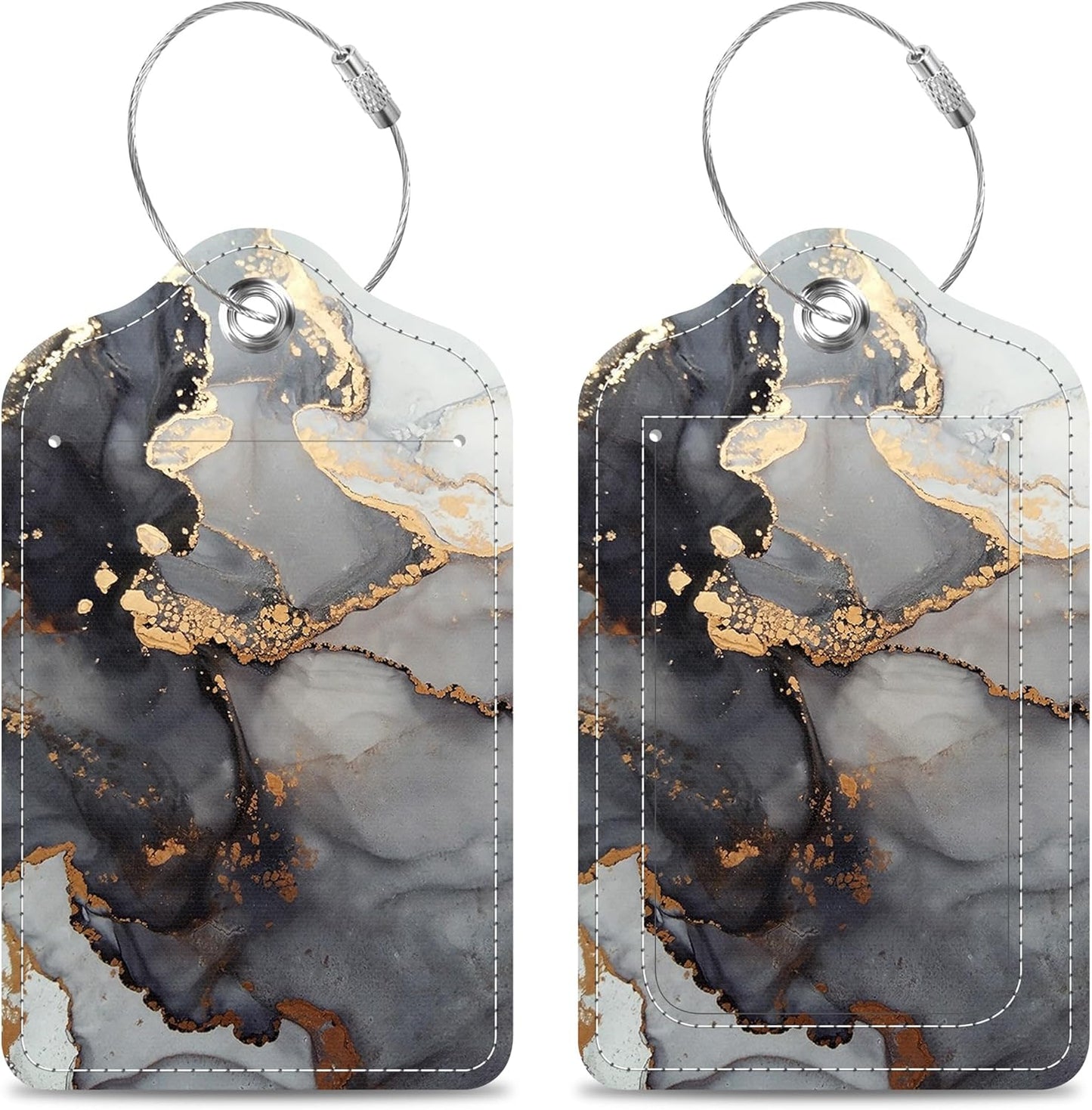 2 Pack Luggage Tags for Suitcase Marble and Gold Line Leather Stainless Steel Loop Label Tags for Women Men Travel Bag Suitcase with Privacy Cover Name ID Card