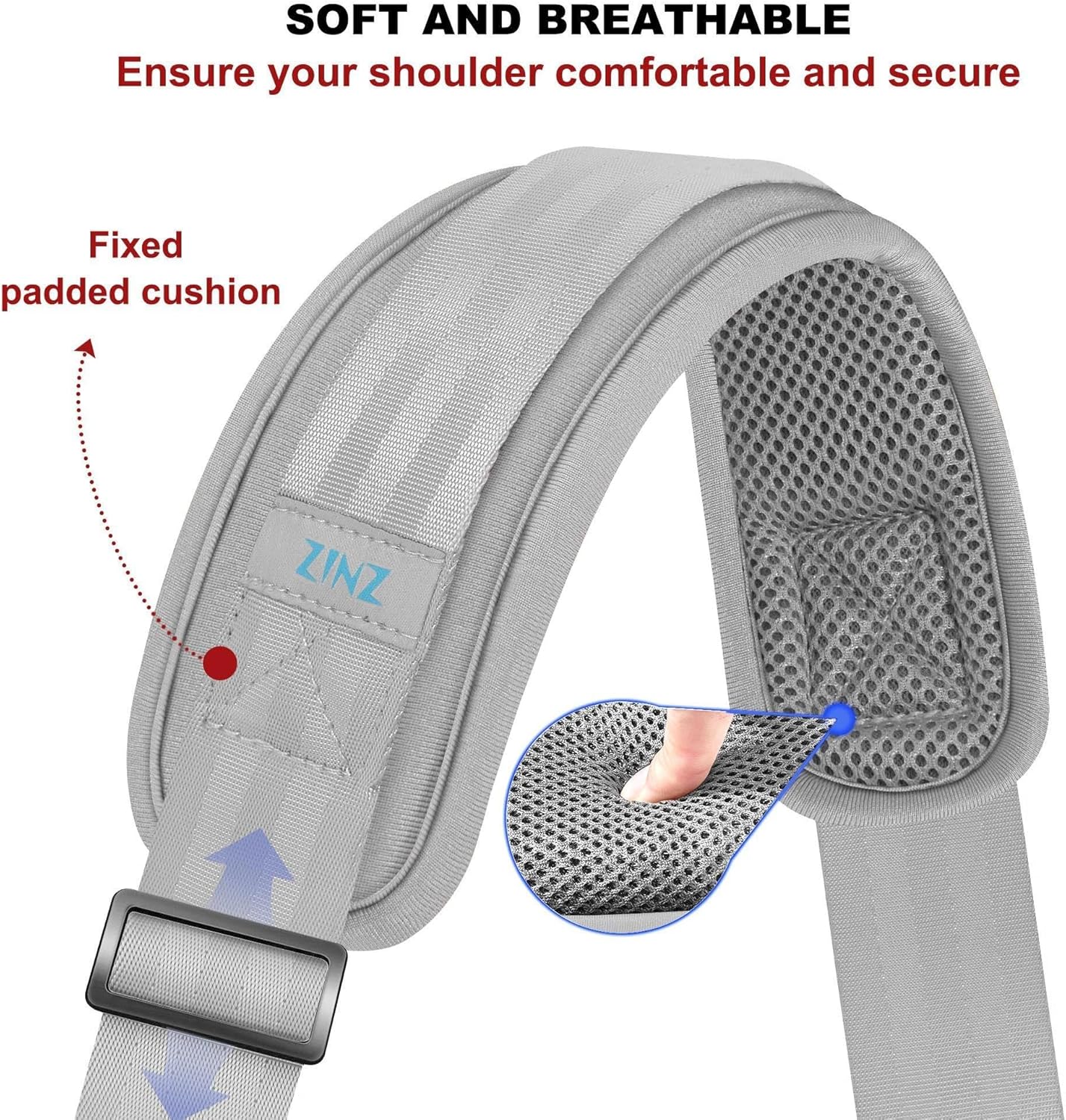 ZINZ Shoulder Strap - 59 Inch Universal Heavy-duty Adjustable Strap with Ultra-thick Fixed Breathable Pad for Laptop, Gym, Camera Bag and More -Light gray