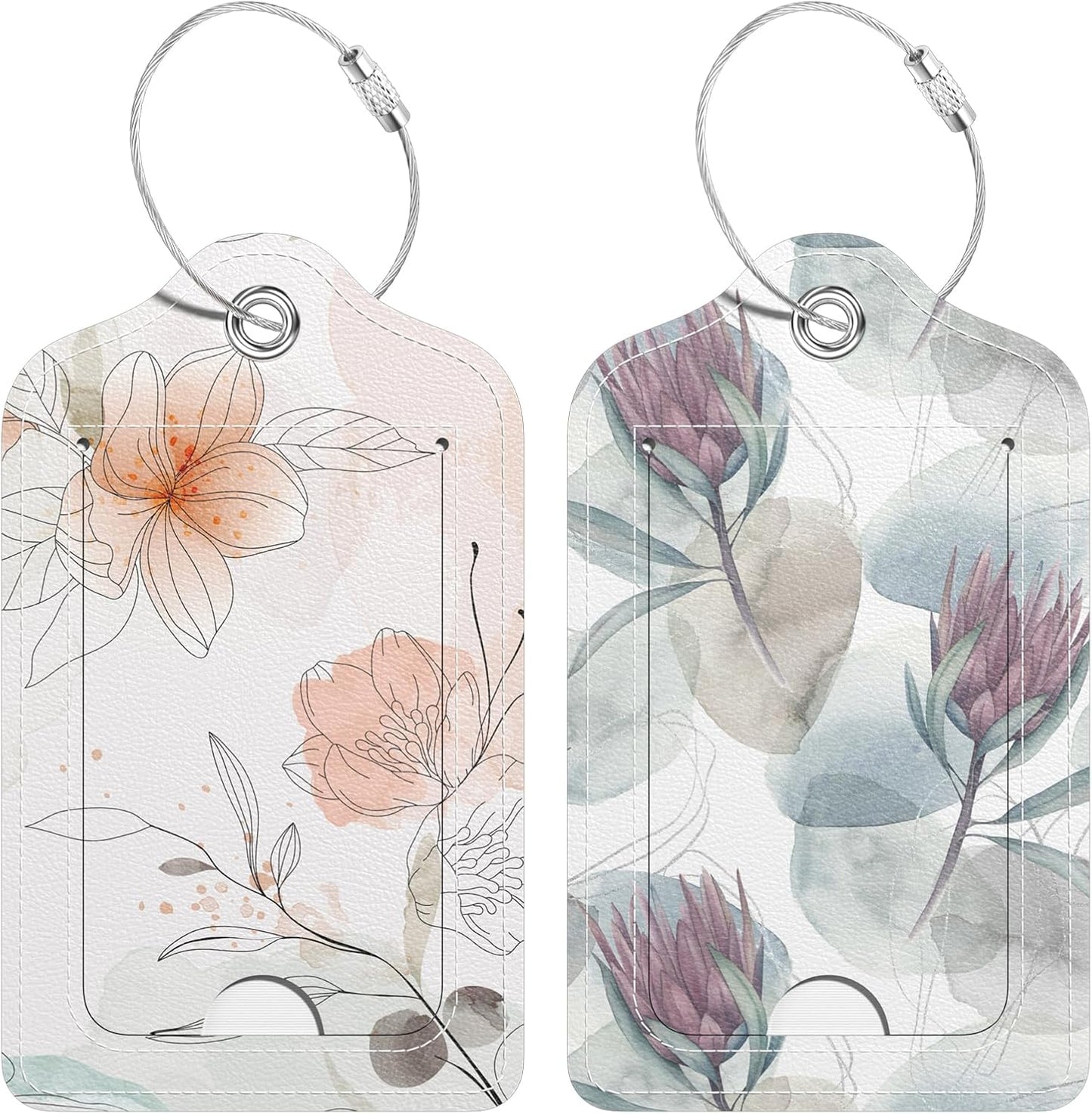 2 Pack PU Leather Luggage Tags for Suitcase, Travel Cruise Luggage Tag with Privacy Flap, Name ID Label and Metal Loop for Women Men Baggage Handbag School Bag Backpack, Ink Flower
