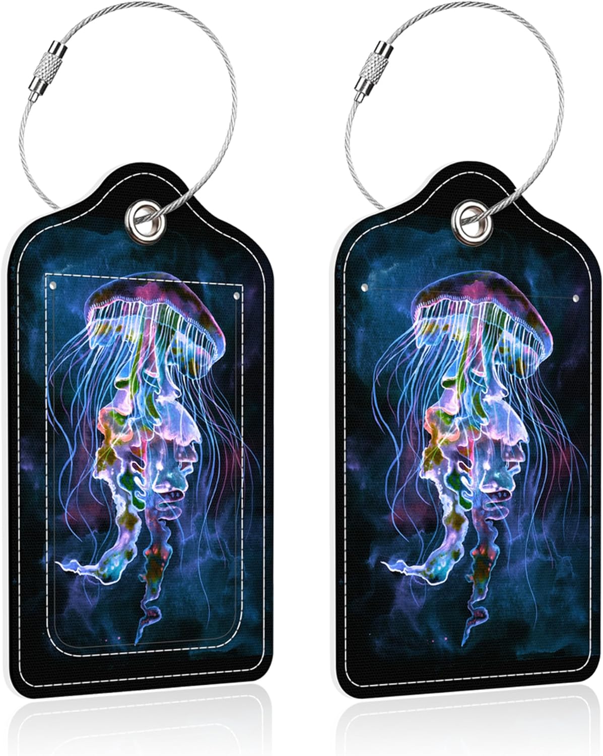 Luggage Tags for Suitcase,2 Pack Watercolor Jellyfish Luggage Tag,PU Leather Id Label Luggage Tags with Stainless Steel Loop and Privacy Cover for Women Men Teens Travel