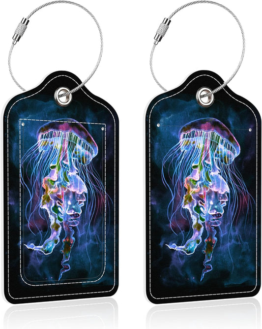Luggage Tags for Suitcase,2 Pack Watercolor Jellyfish Luggage Tag,PU Leather Id Label Luggage Tags with Stainless Steel Loop and Privacy Cover for Women Men Teens Travel