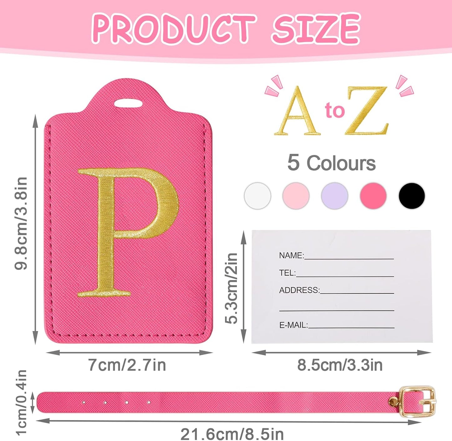 Initial Letter Luggage Tags for Suitcases, Personalized Embroidered Letter Luggage Bag Suitcase Identifier Name Tag, Cute PU Leather Travel Luggage Tags, Bag Tags for Luggage Handbags(Rosered P)