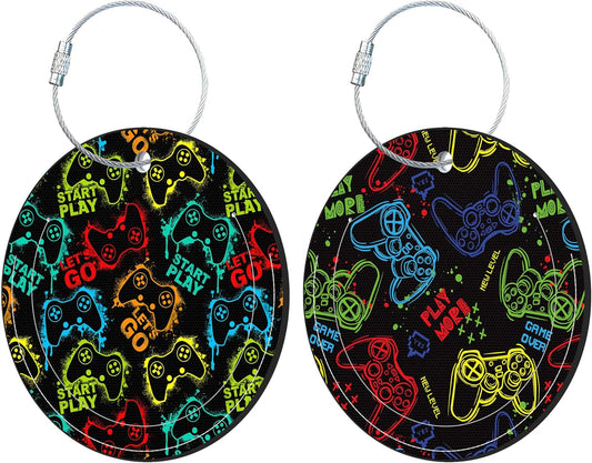 Round Cute Luggage Tags 2 Pack Bright Gamepad Creative Baggage Tags,Cruise Travel Baggage Suitcases Tag with Stainless Steel Loop ID Tag Privacy Flap