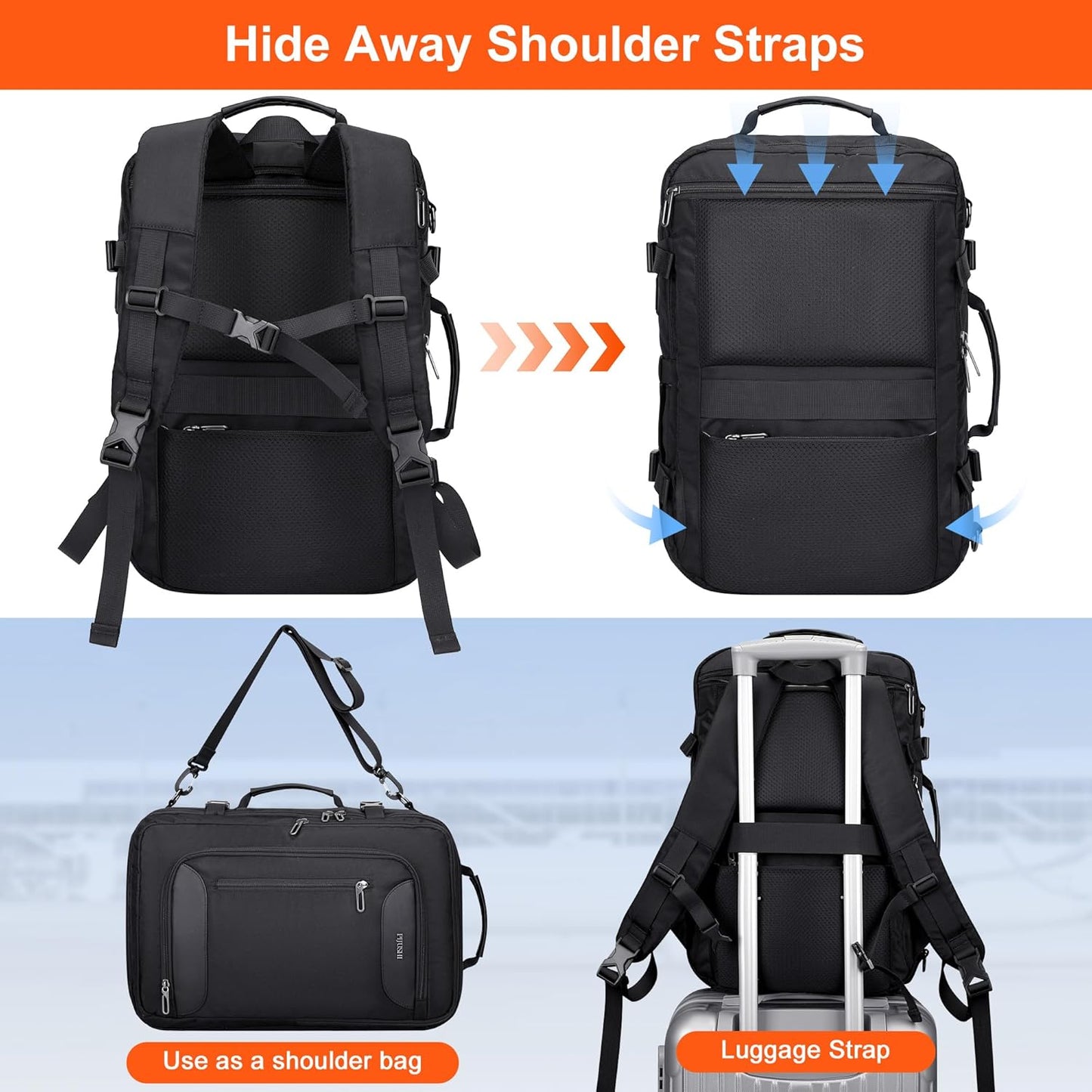 PIJUSHI Travel Backpack for Women Men Flight Approved Carry on Bag 16 inch Laptop Personal Item Daypack with Shoe Compartment(PE038 Black)