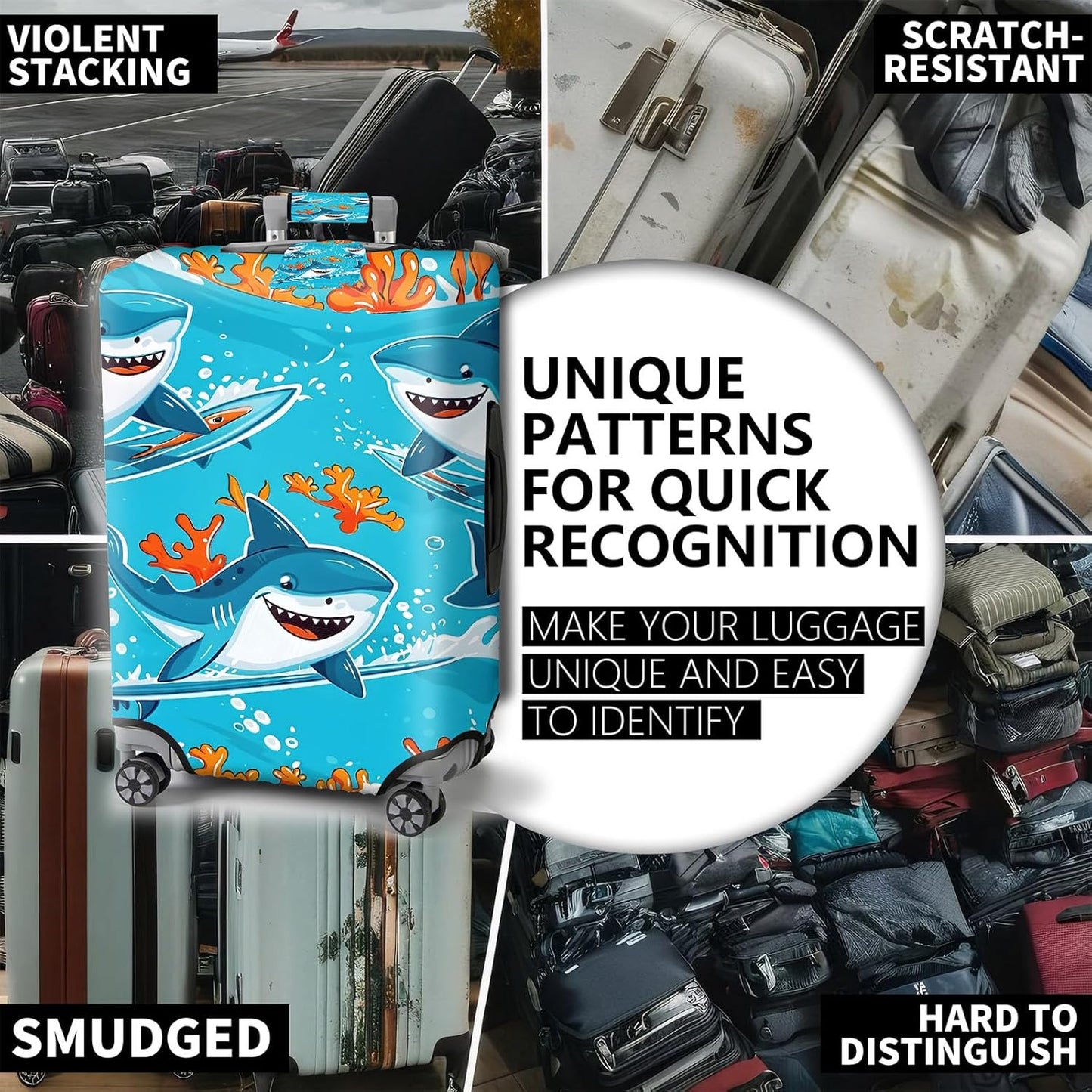 Travel Luggage Cover,Cute Cartoon SharksTheme Suitcase Cover Accessory Kit, Luggage Tag, and Comfortable Luggage Handle Wrap, Washable Luggage Suitcase Protector (22-24 inch,M)