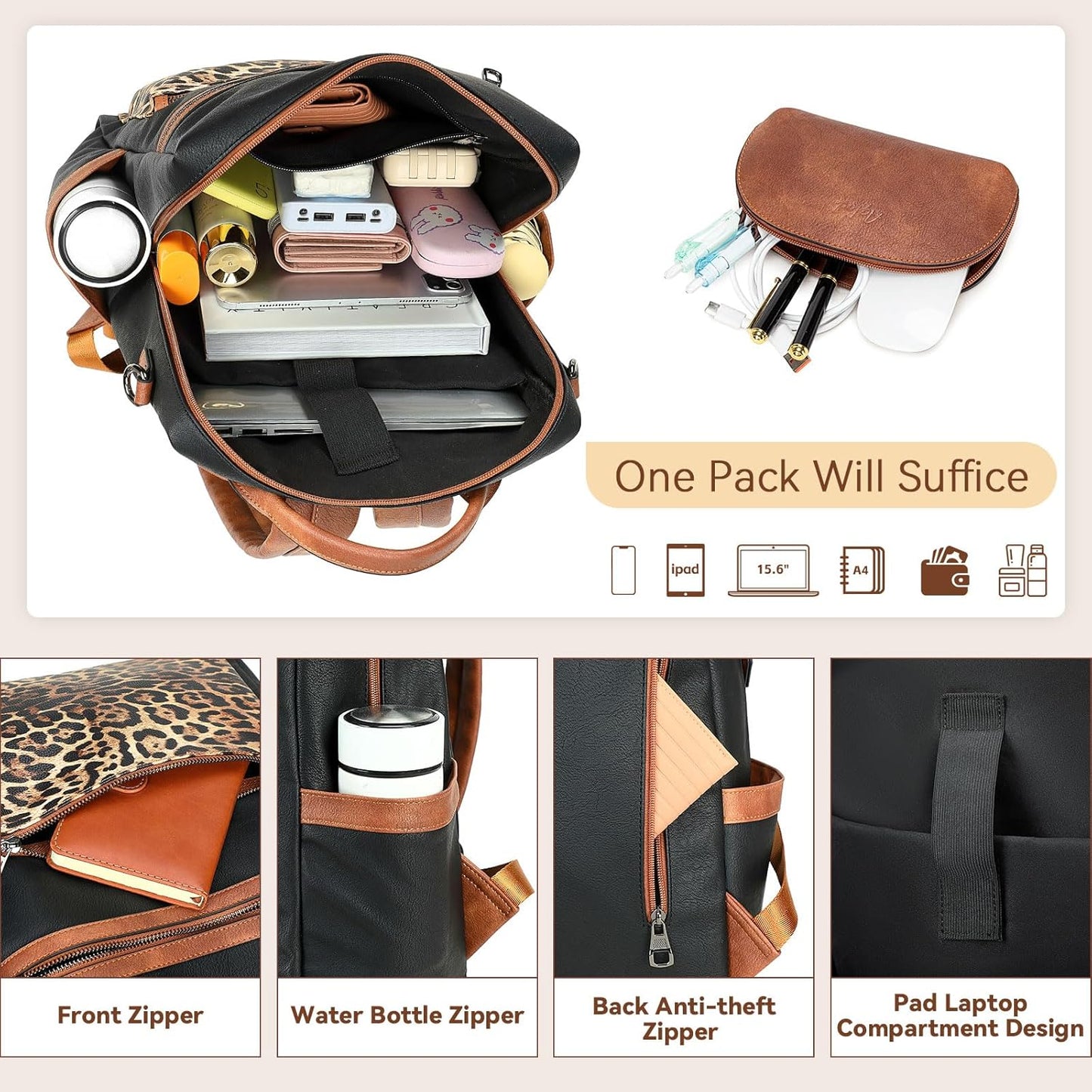Vegan Leather Laptop Backpack for Women 15.6 Inch Work Backpack Purse for Travel College
