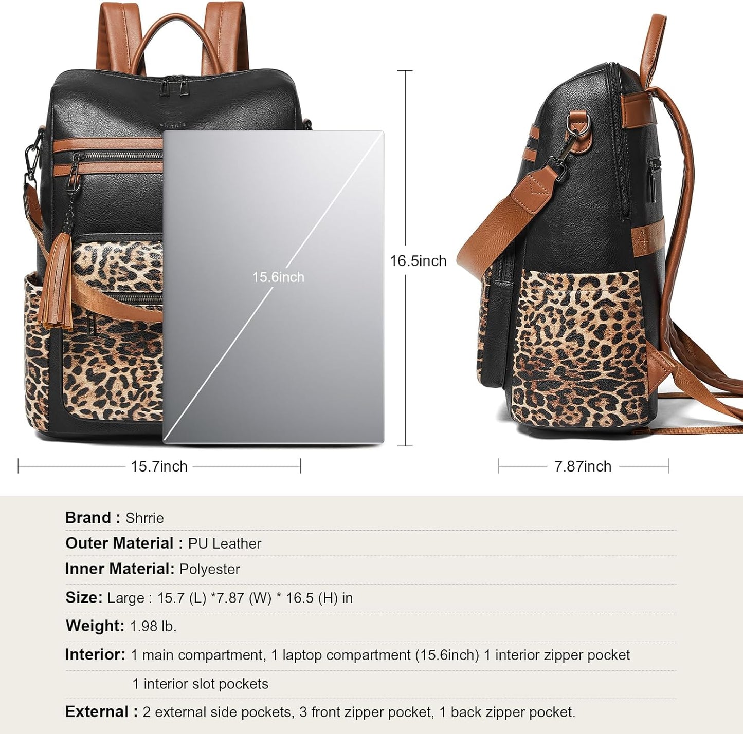 Shrrie 15.6 inch Laptop Backpack for Women,Large Leather Purse,Travel Backpacks Carry on,Water Resistant Casual Laptop Backpacks,College Backpack,Work Backpack for Women,Two-toned Deep Gray