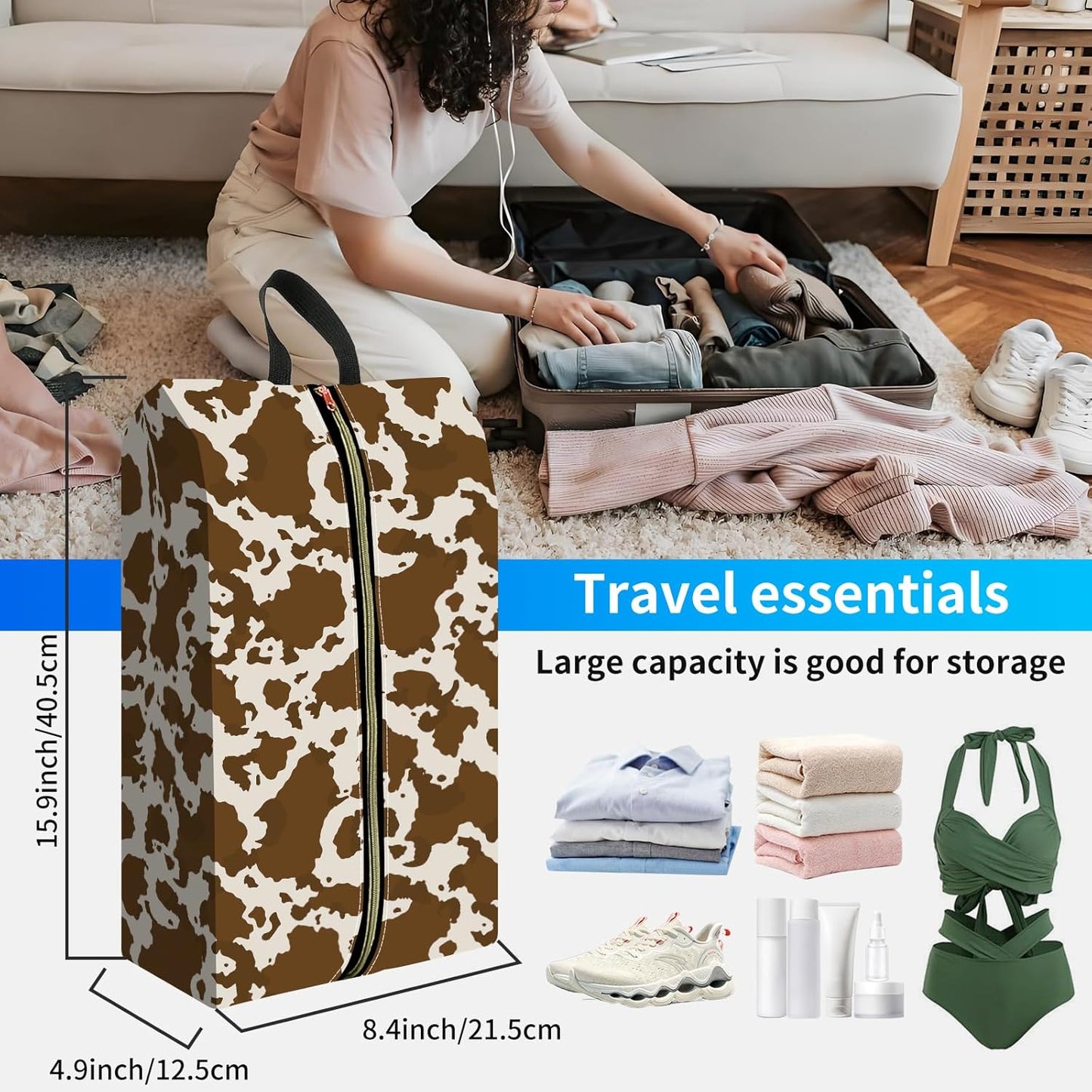 2pcs Shoe Organizer for Travel, Packing Shoe Travel Bags, Cute Shoe Bag with Zipper & Handle, Portable Travel Essentials for Women and Men Brown Leopard