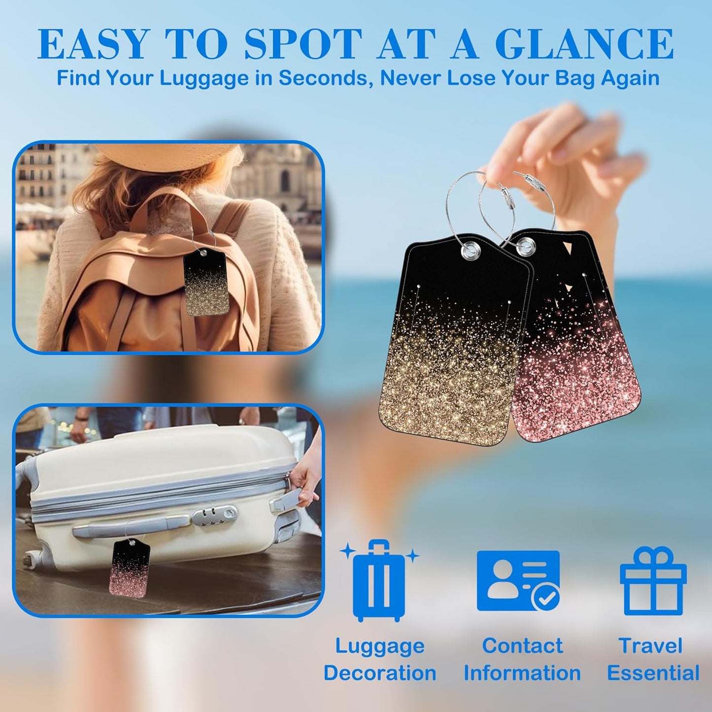 2 Pcs Luggage Tags for Suitcases, Rose and Gold Glitter Leather Bag Tags for Luggage Privacy Cover Name ID Label with Stainless Steel Loop Cruise Airport Travel Essentials