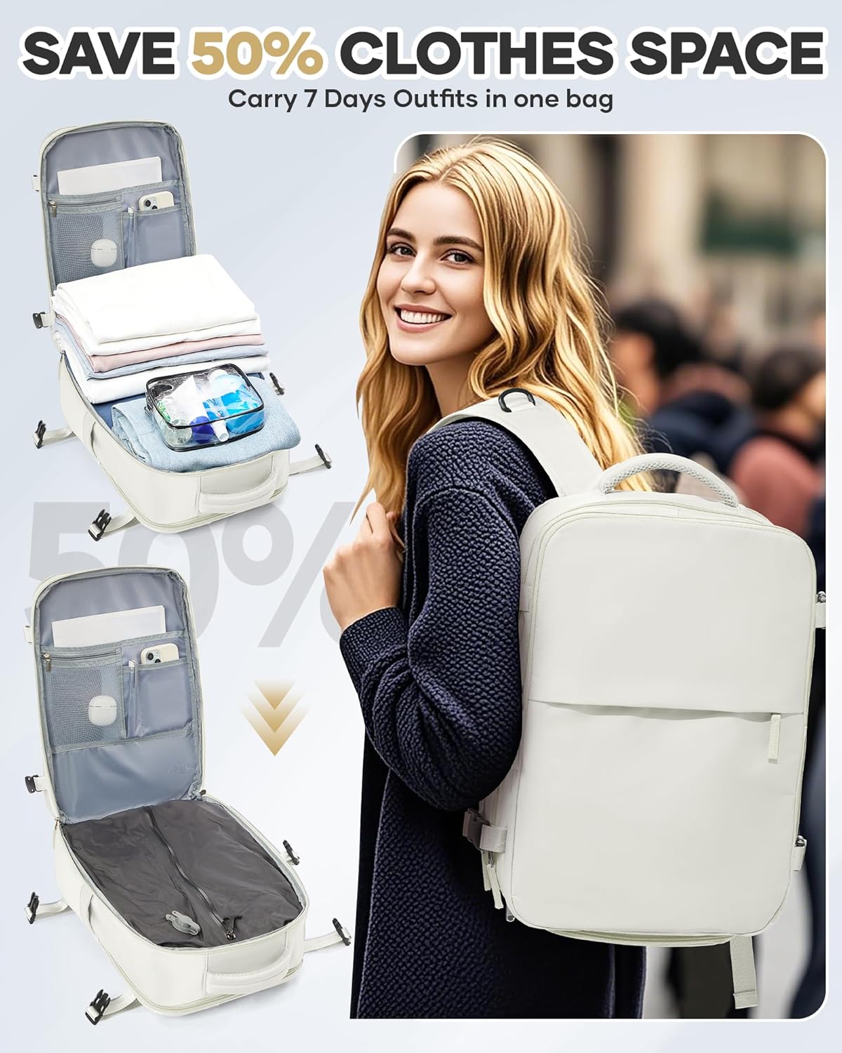Vacuum Seal Travel Backpack with Air Pump,Compression Vacpack Waterproof Carry On Backpack for Travel Women Men with Vacuum System,Airlines Approved Daypack Laptop Space Saver Bags,MoonWhite